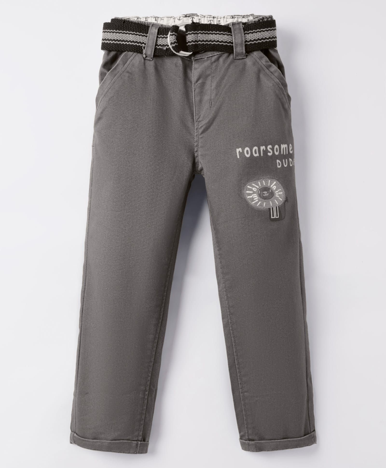 Olio Kids Cotton Woven Full Length Trouser With Lion Embroidery & Belt - Grey-picture-20
