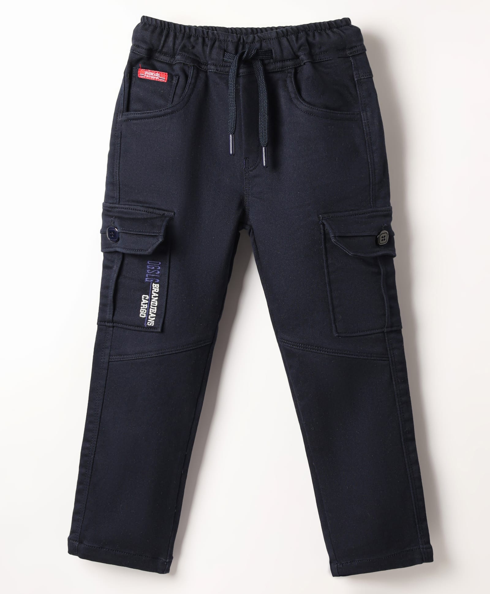 Olio Kids Cotton Woven Full Length Trouser With Text Embroidery & Cargo Pockets - Navy Blue-picture-36
