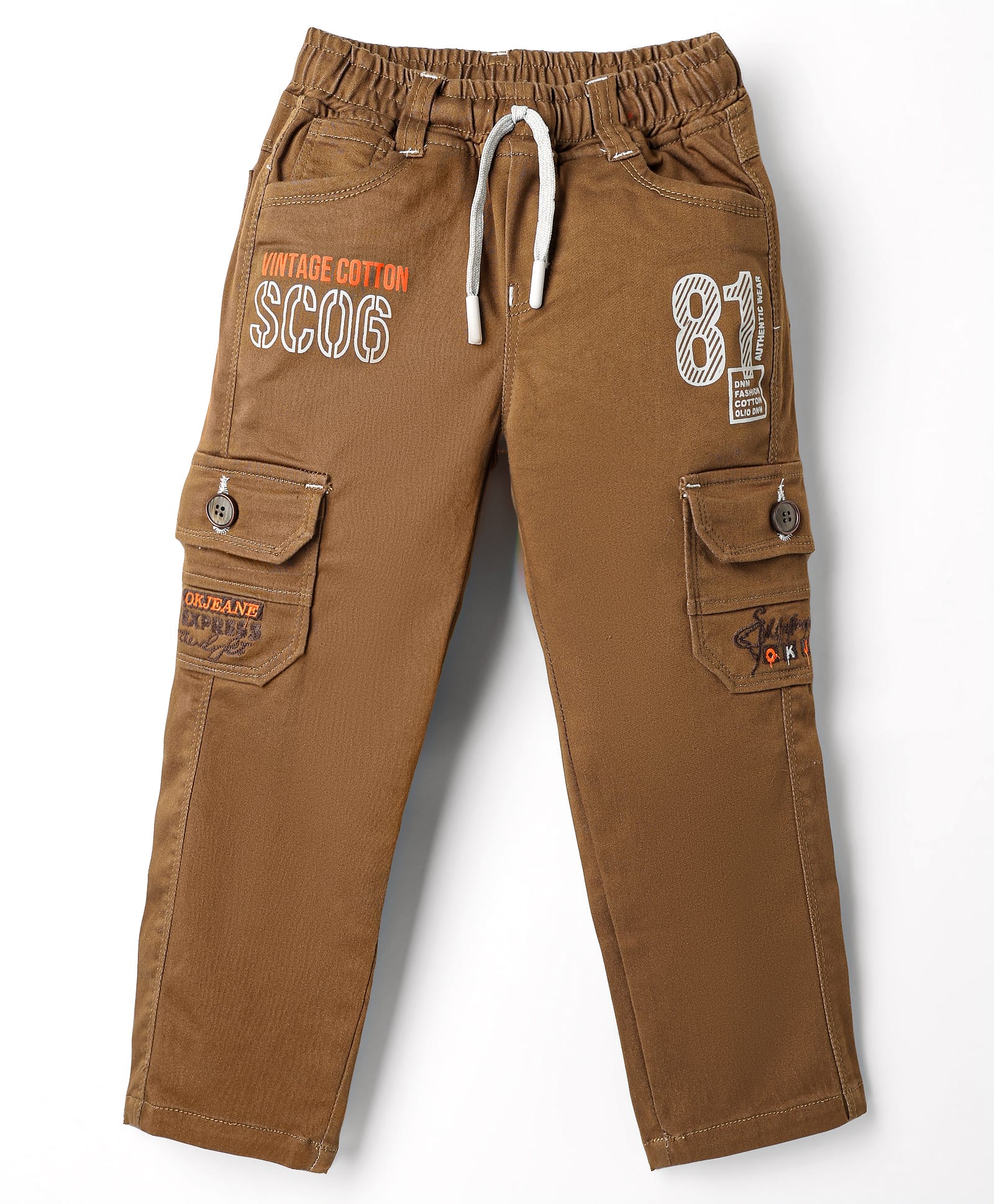 Olio Kids Cotton Woven Full Length Trouser With Cargo Pockets & Text Print - Brown-picture-14