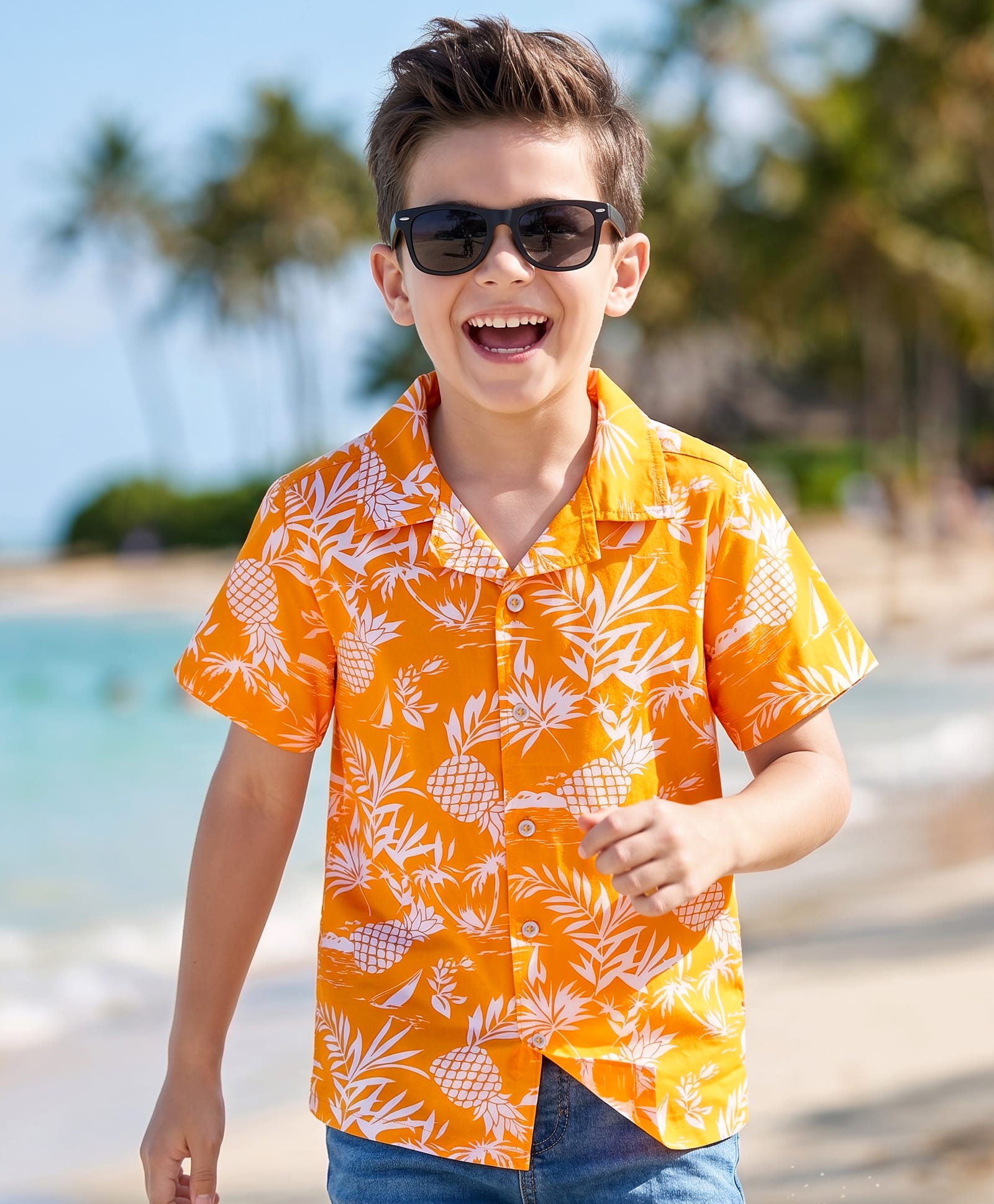 Kookie Kids Cotton Poplin Half Sleeves Shirt With Tropical All Over Print - Yellow-image-23