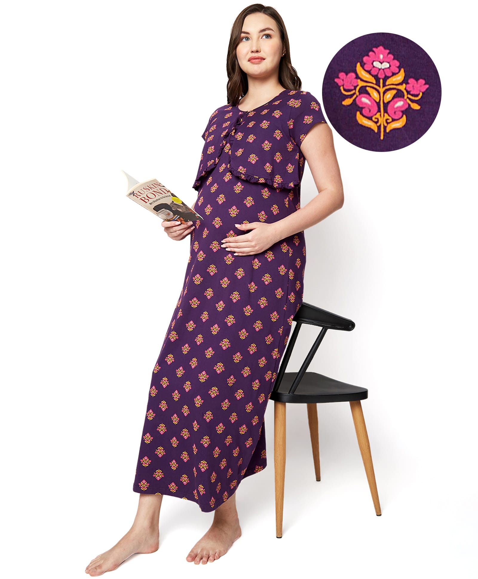 Bella Mama Cotton Knit Half Sleeves Floral Printed Maternity Nursing Nighty With Concealed Zipper - Purple-image-30