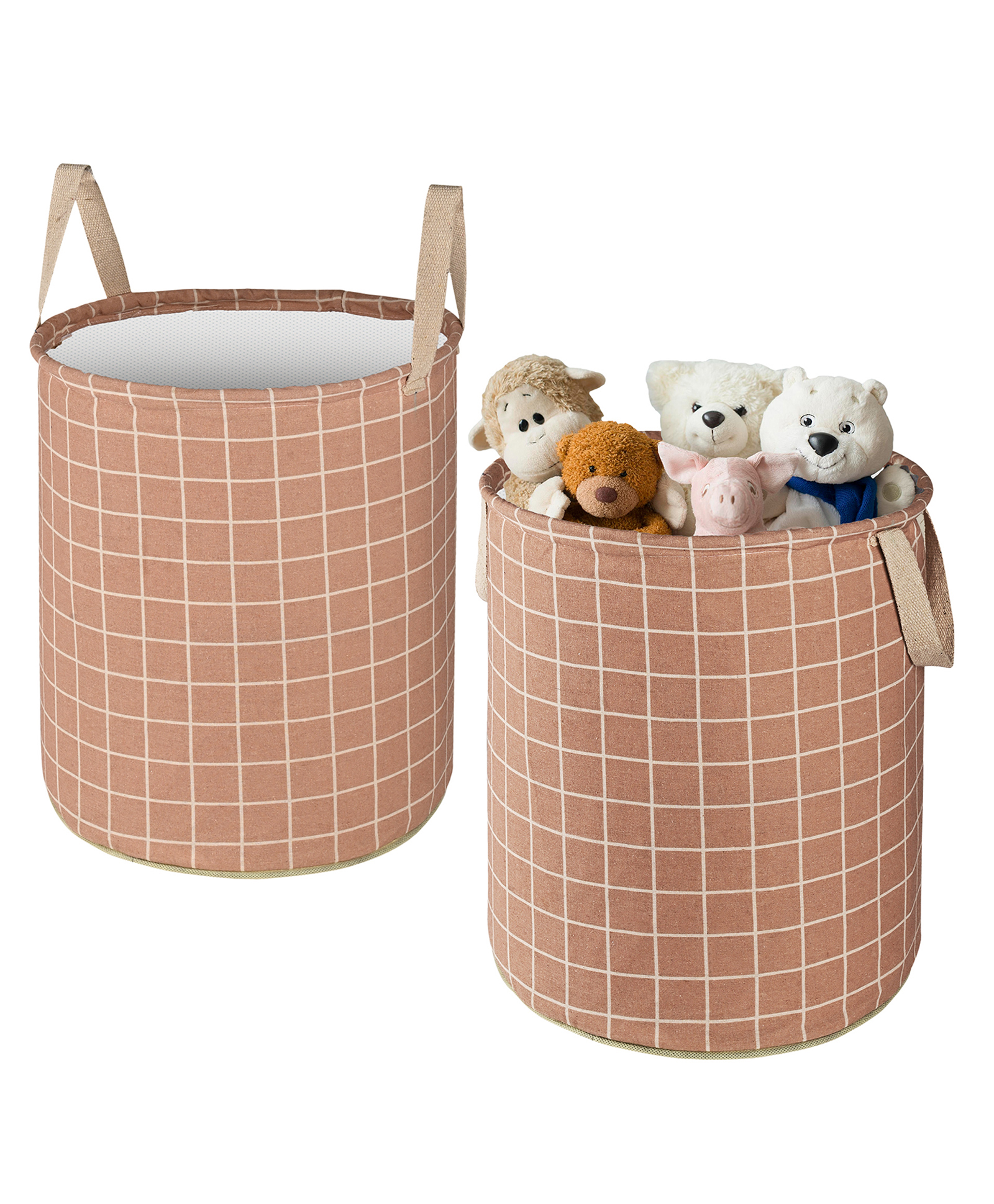 Kuber Industries Pack of 2 Cotton 45L Toys Organizer for Kids Room - Foldable Soft Toys Storage Bag/Basket/Container with Handle | Checks -Light Brown-picture-38