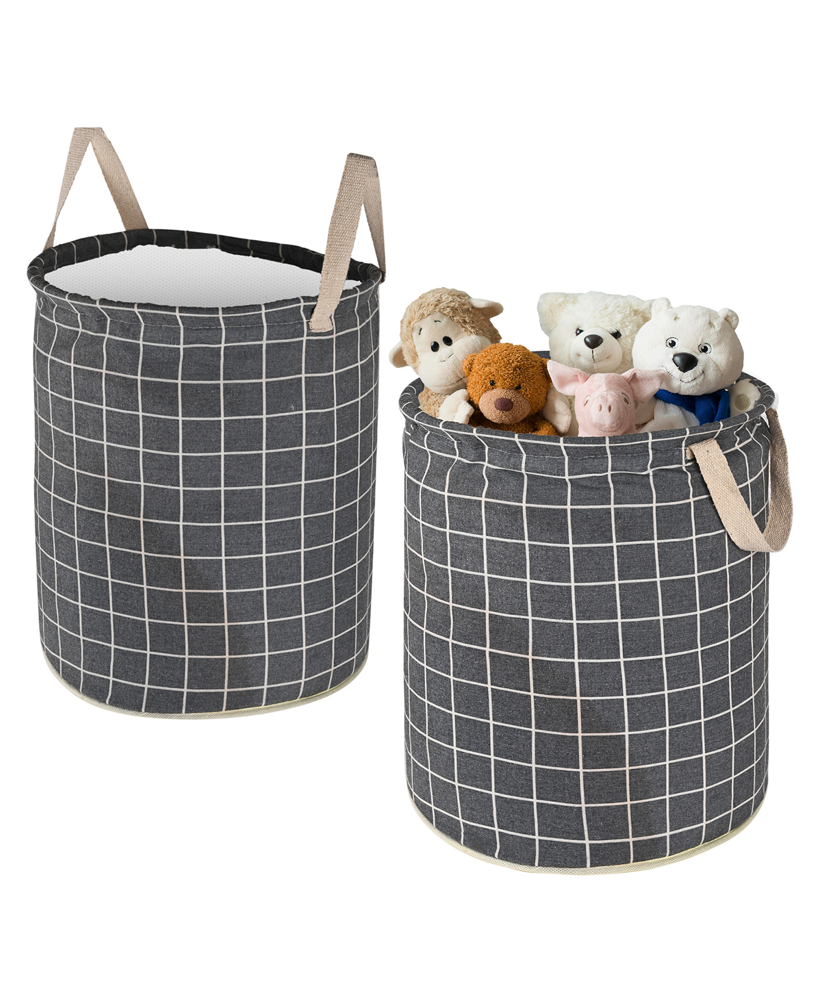 Kuber Industries Pack of 2 Cotton 45L Toys Organizer for Kids Room - Foldable Soft Toys Storage Bag/Basket/Container with Handles | Checks - Dark Grey-picture-30