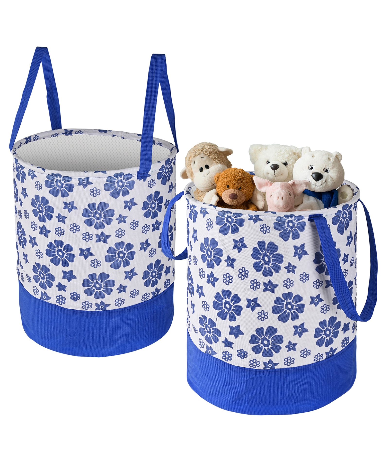 Kuber Industries Pack of 2 Foldable 45L Toys Organizer for Kids Room - Soft Toys Storage Bag/Basket/Container with Handle | Flower Print -Blue & White-picture-33