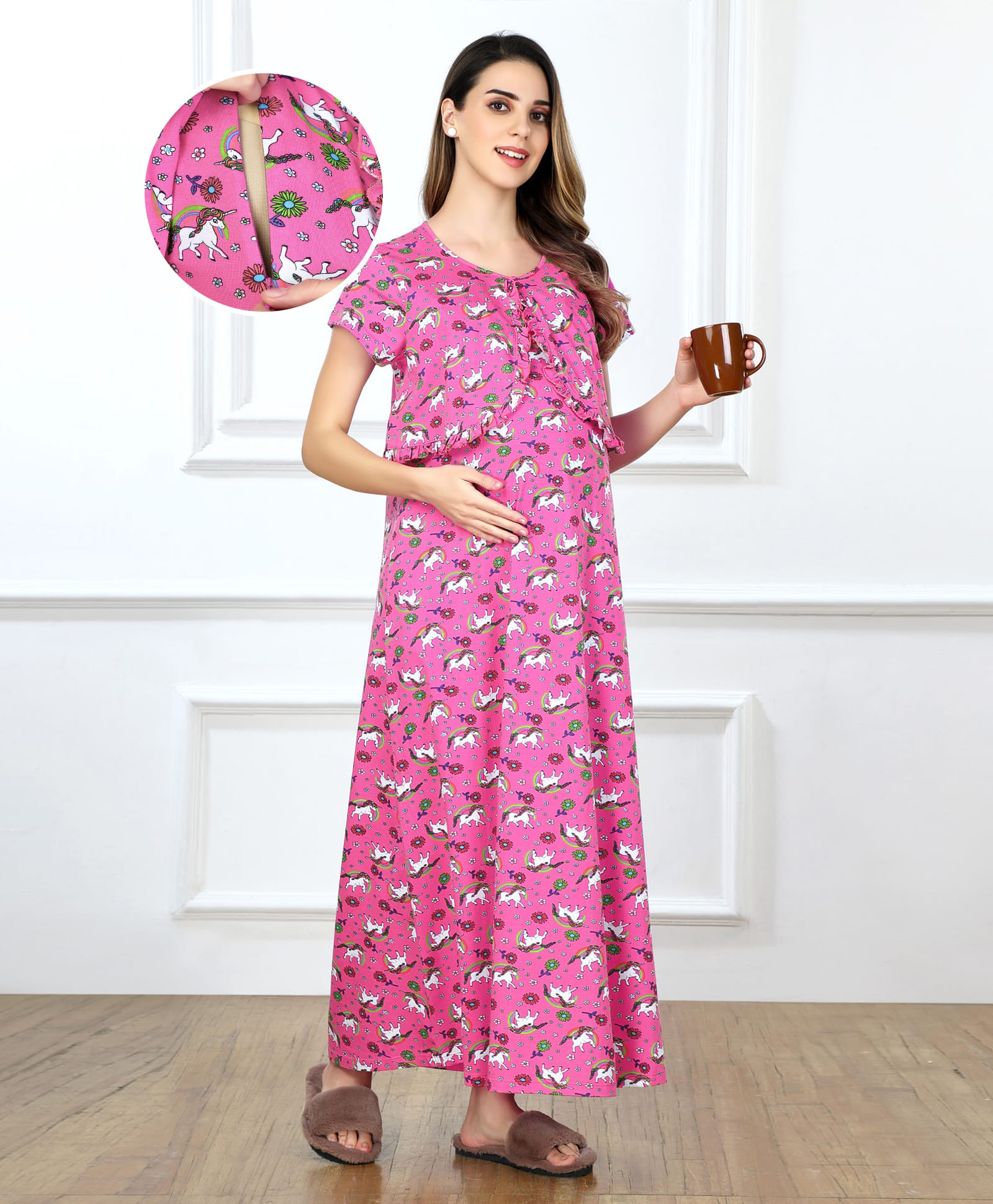 Bella Mama Cotton Knit Half Sleeves Unicorn Printed Maternity Nursing Nighty - Pink-picture-27