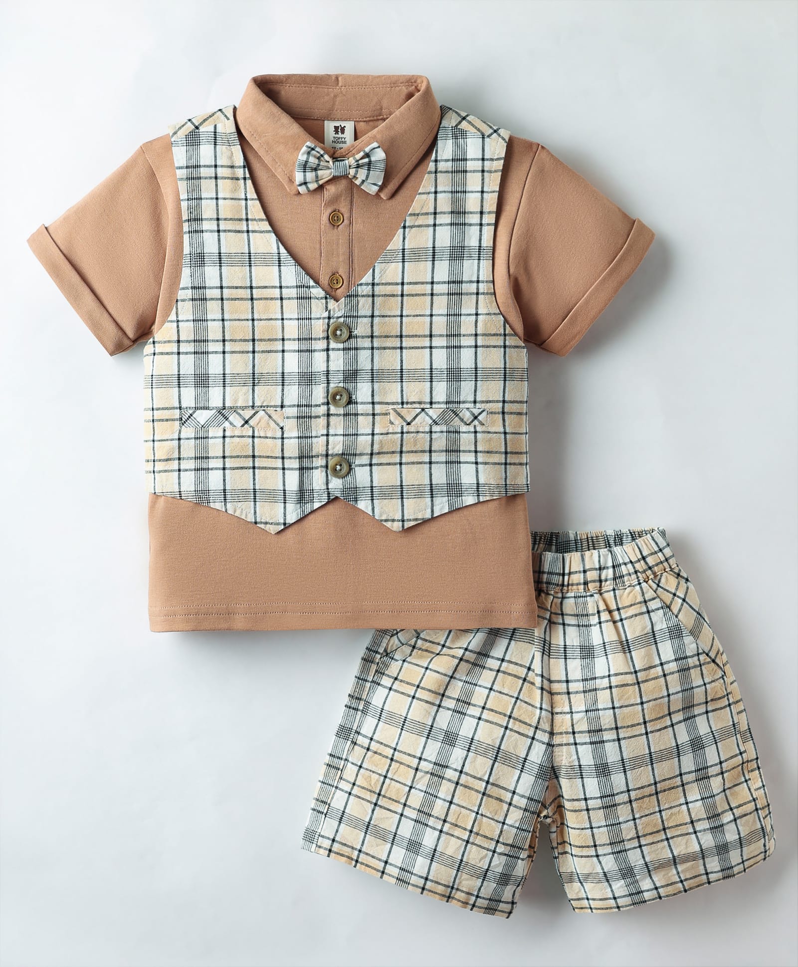 ToffyHouse Cotton Woven Half Sleeves Polo T-Shirt & Shorts Set With Checks Waistcoat & Bow - Tan-image-42