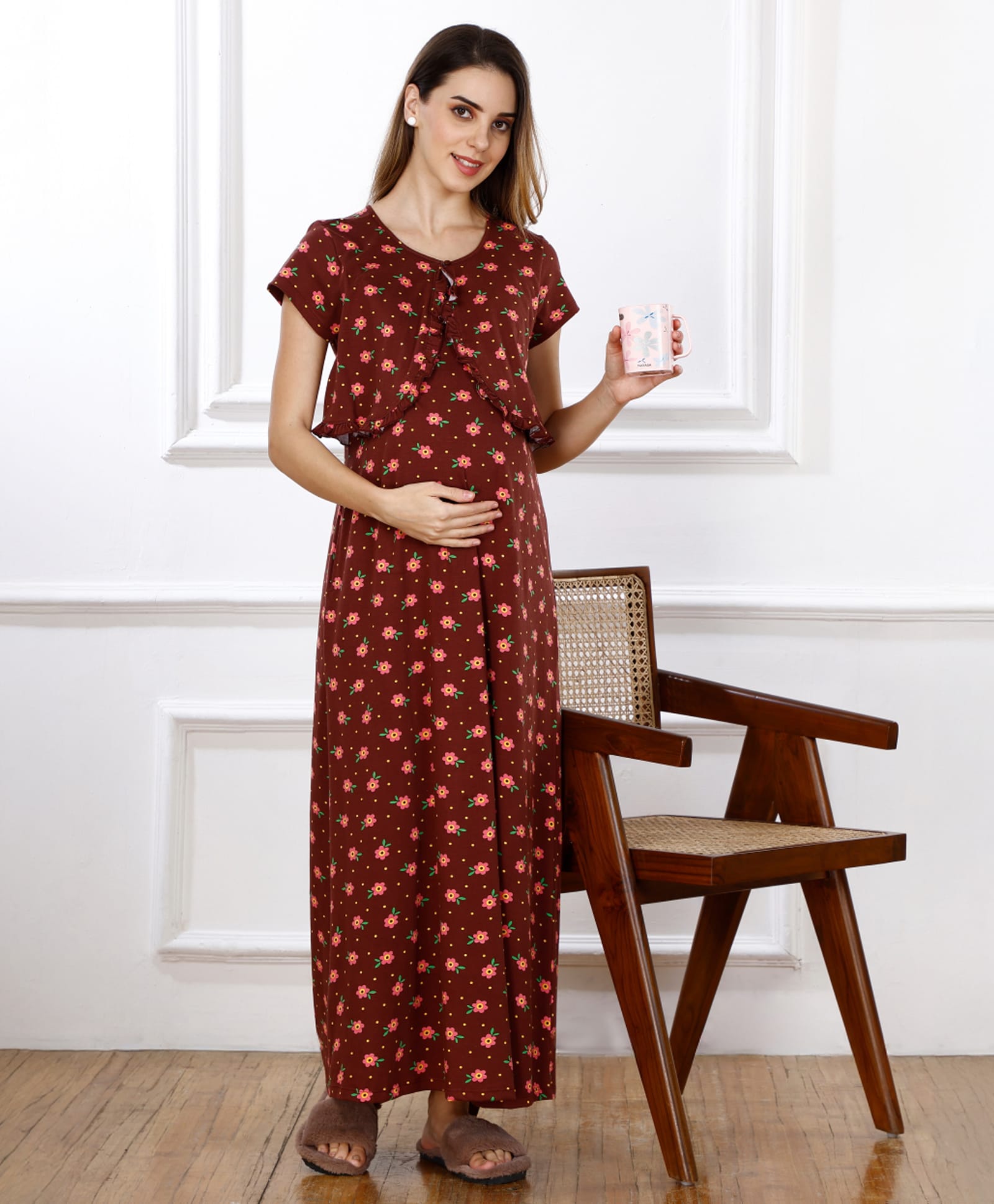 Bella Mama Cotton Knit Half Sleeves Floral Printed Maternity Nursing Nighty - Maroon-picture-29