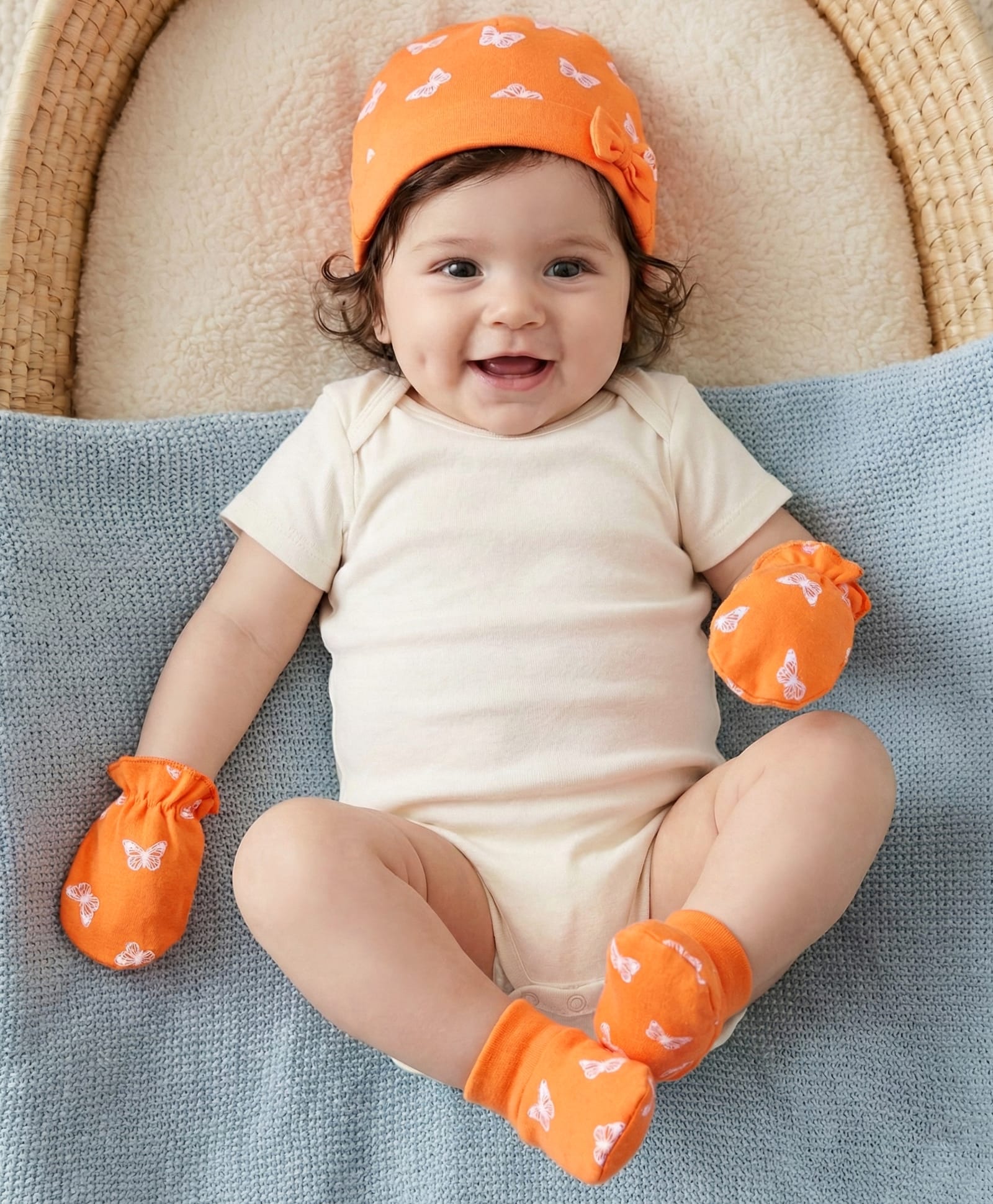 Babyhug 100% Cotton Knit Cap Mittens & Booties With Butterfly Print & Bow Applique - Orange-picture-25