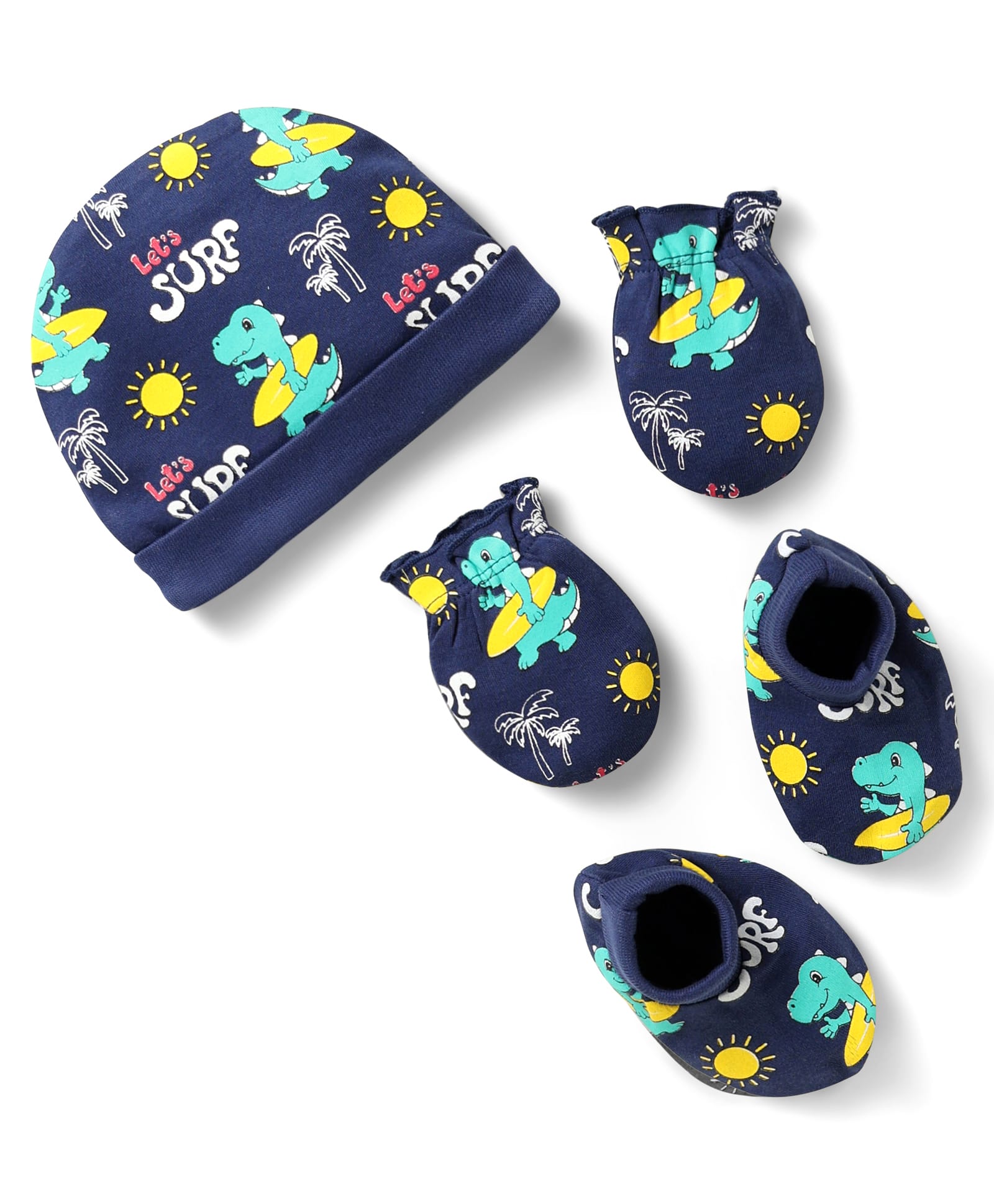 Babyhug 100% Cotton Interlock Knit Cap Mittens & Booties Set With Surf Print - Navy Blue-image-5