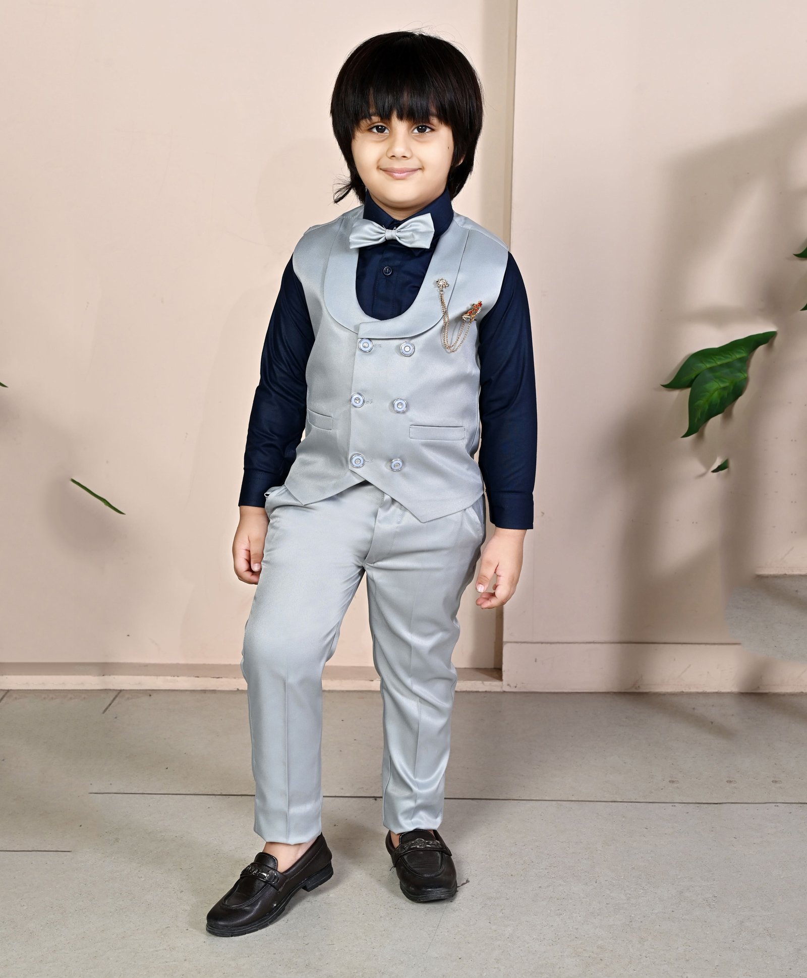 BT DEZINES Full Sleeves Solid Coordinating Three Piece Party Suit Set With Bow - Silver & Grey-image-17