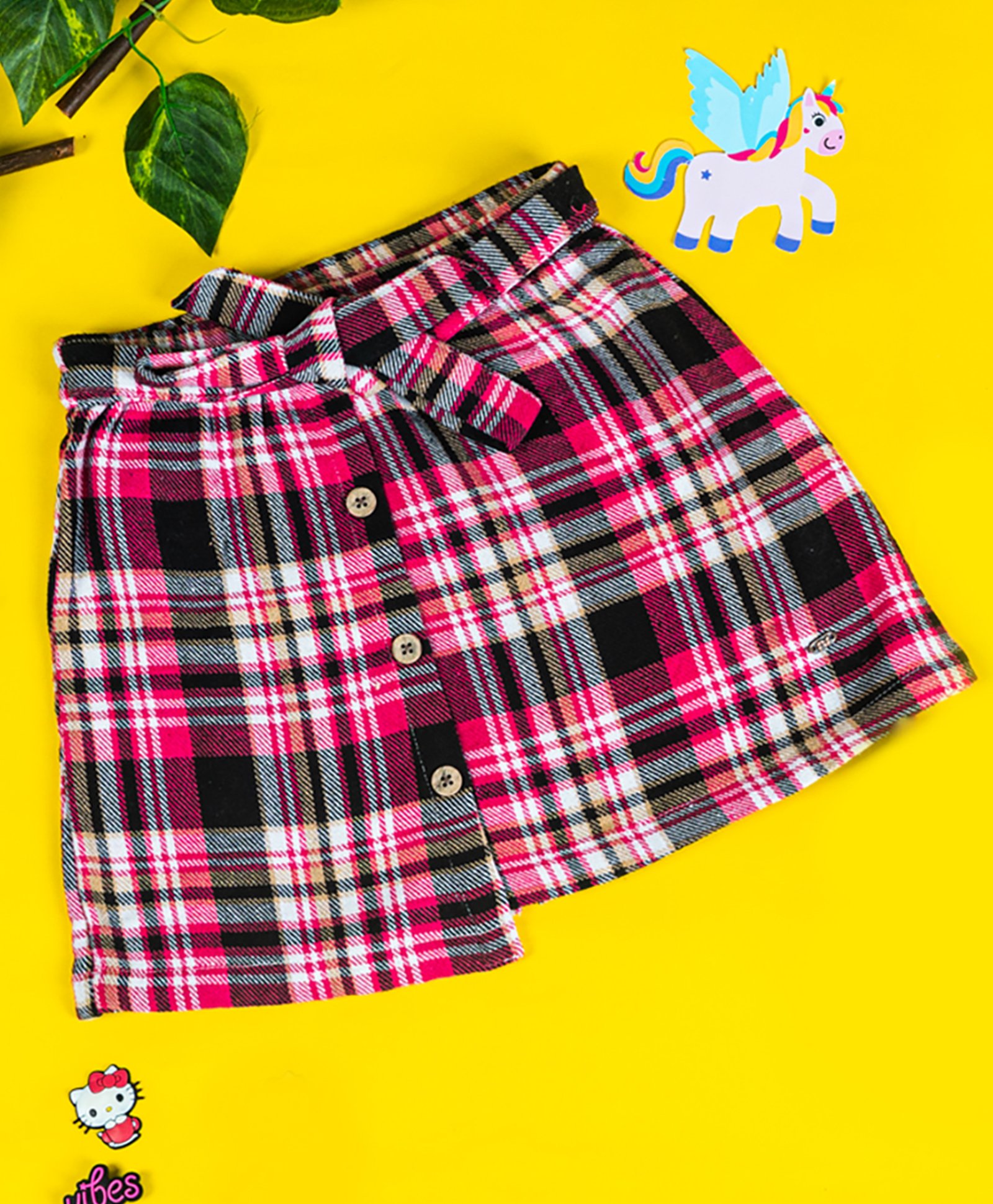 PURPLE UNITED KIDS Tweed Checked Skirt With Attached Belt - Pink & Black-image-2