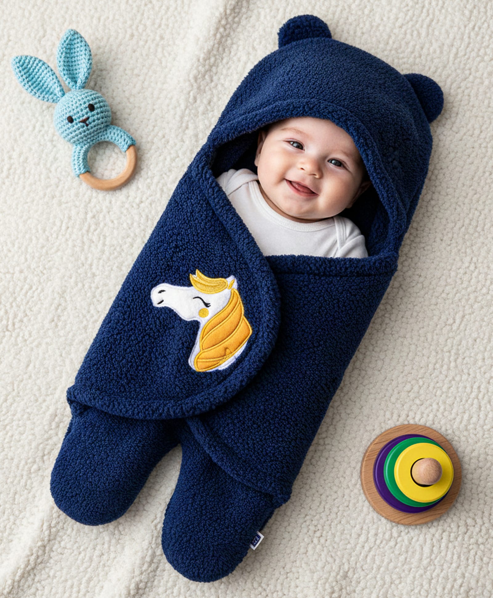 ZOE Supersoft Hooded Wearable Blanket Cum Wrapper with Unicorn Patch Detailing - Navy Blue-image-33