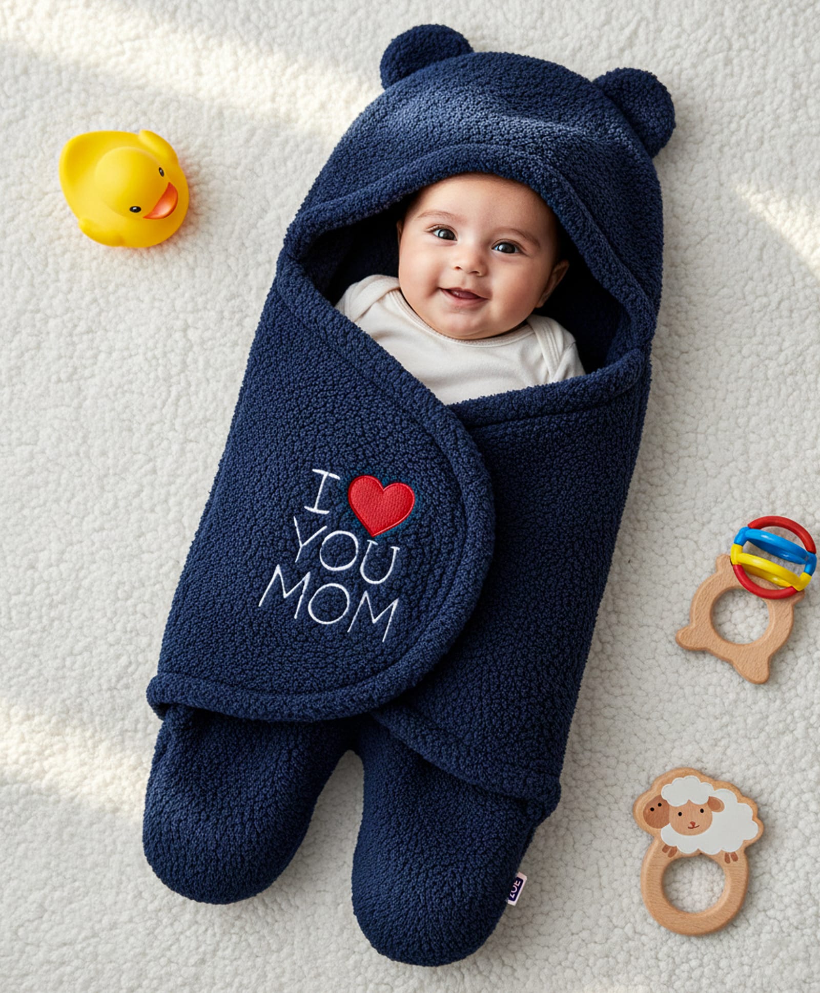ZOE Supersoft Hooded Wearable Blanket Cum Wrapper with I Love You Mom Patch Detailing -Navy Blue-image-13