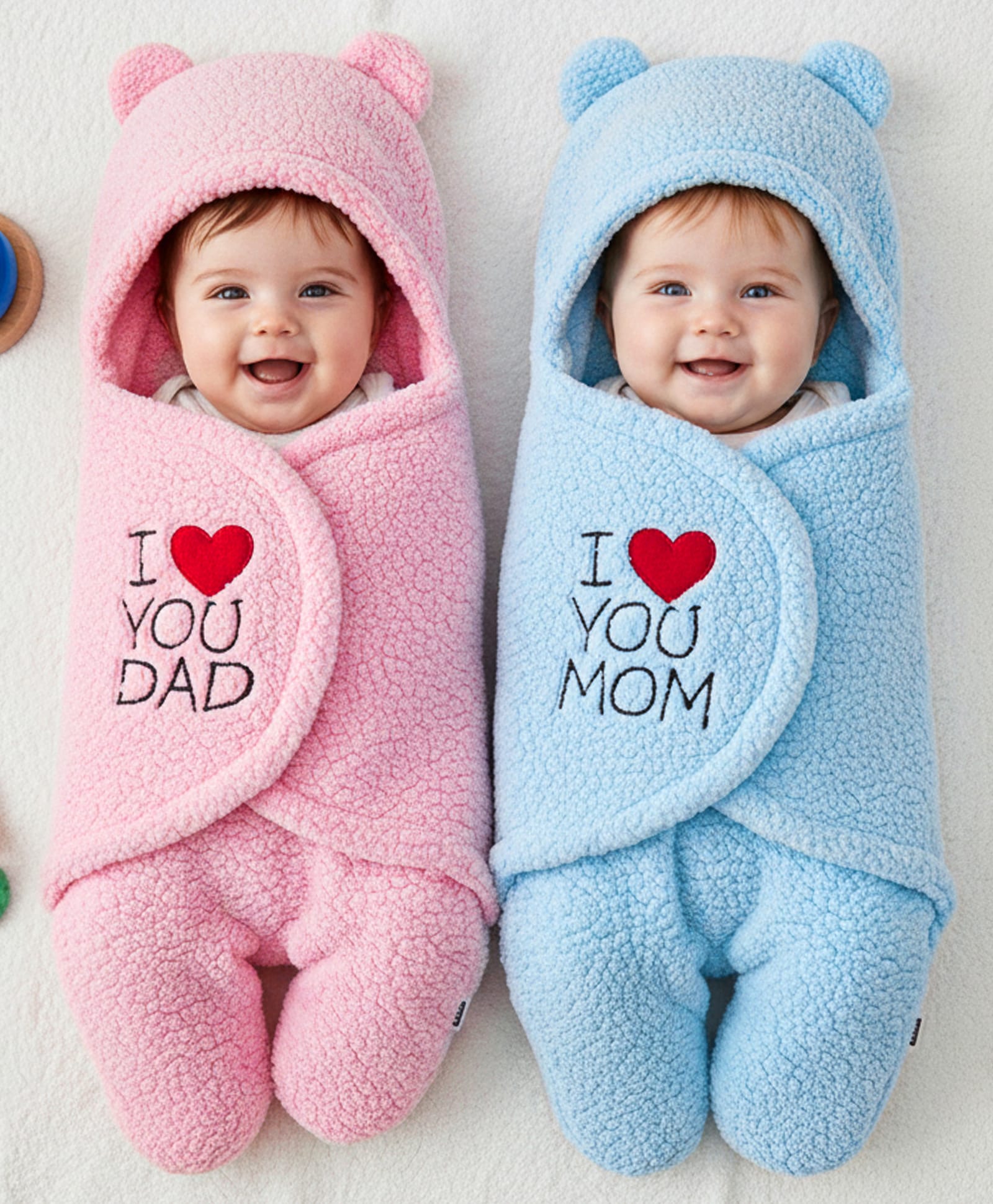 ZOE Supersoft Hooded Wearable Blanket Cum Wrapper with I Love You Dad and Mom Patch Detailing - Pink and Blue-image-14