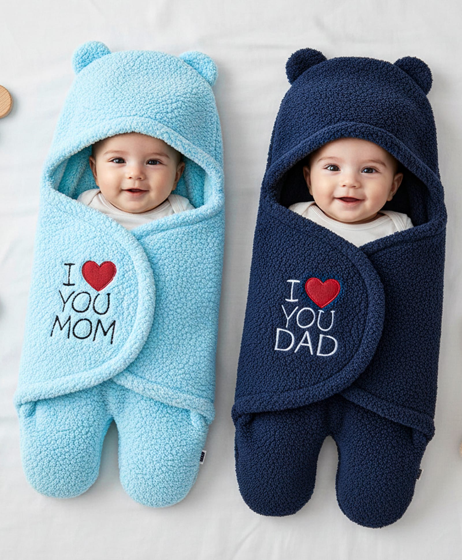 ZOE Supersoft Hooded Wearable Blanket Cum Wrapper with I Love You Dad and Mom Patch Detailing - Navy Blue and Light Blue-image-33