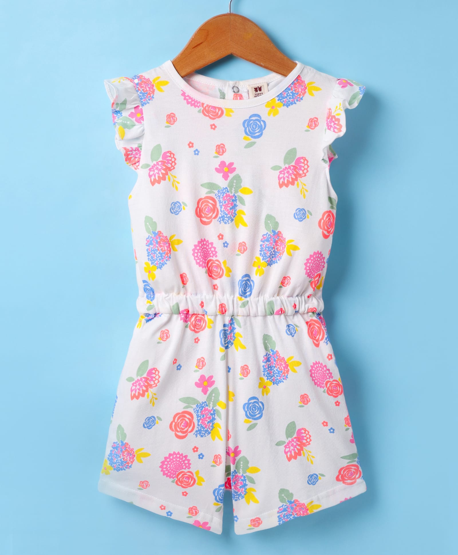 ToffyHouse Single Jersey Knit Frill Sleeves Floral Printed Jumpsuit - Offwhite-image-1