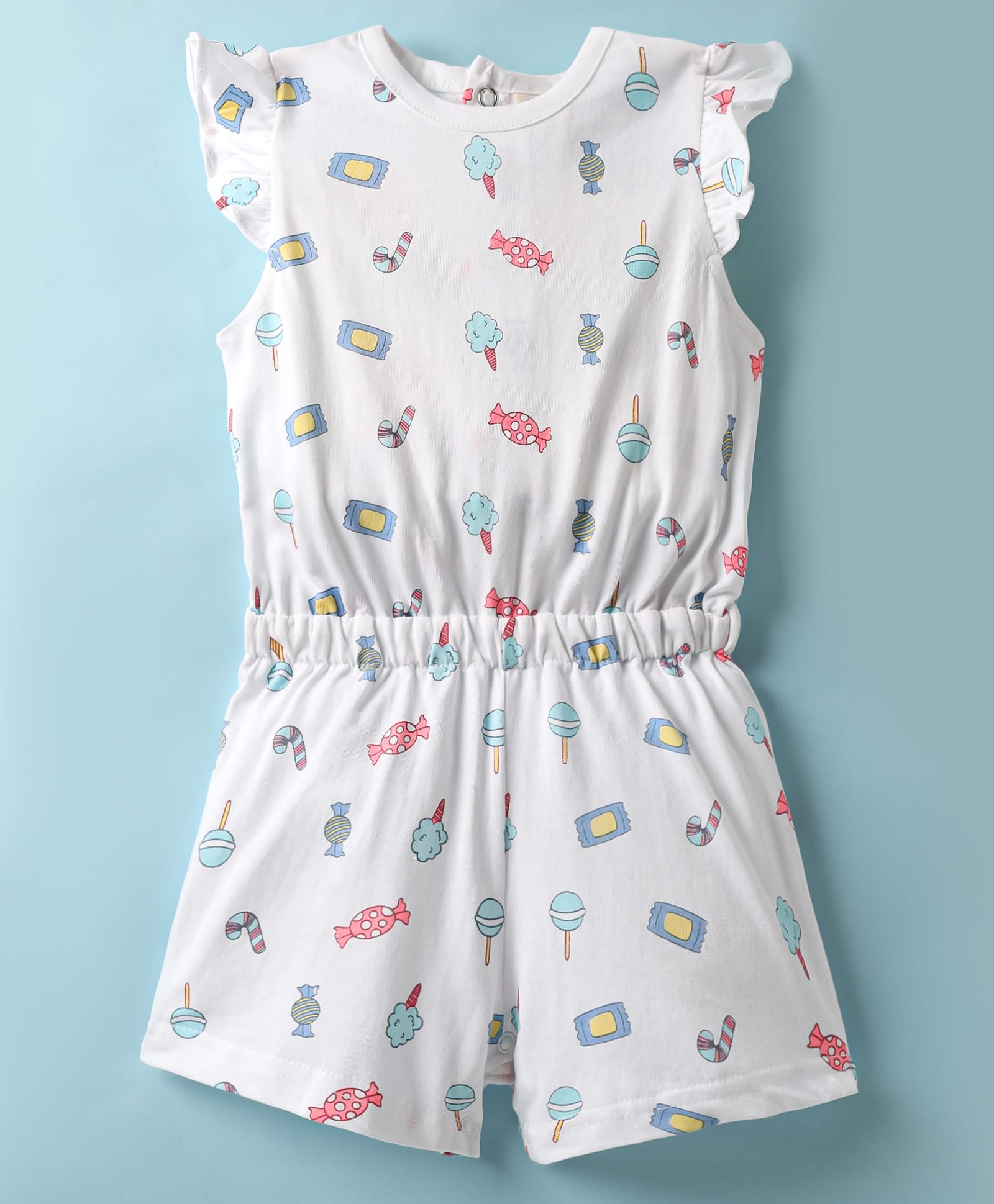 ToffyHouse Single Jersey Knit Frill Sleeves Jumpsuit with Candy Print - White-picture-10
