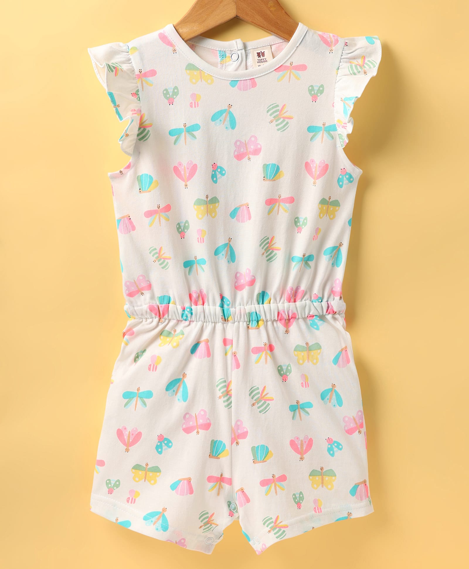 ToffyHouse Single Jersey Knit Frill Sleeves Jumpsuit with Bugs & Bees Print - White-image-16