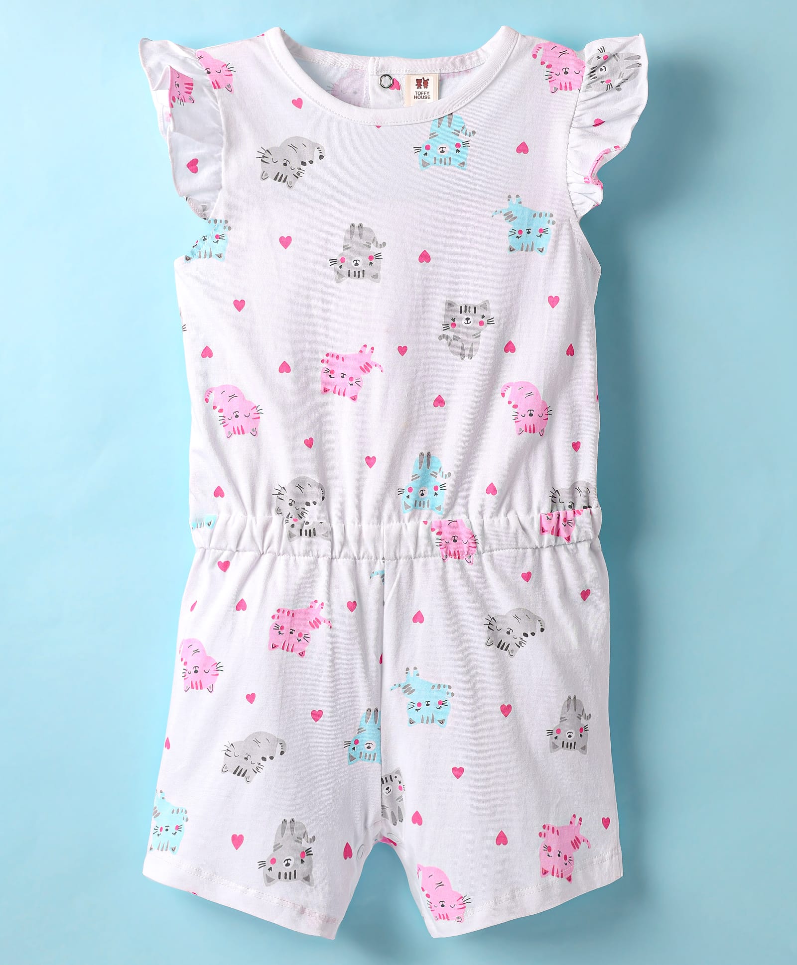 ToffyHouse Single Jersey Knit Half Sleeves Jumpsuits With Cat Print - White-image-12