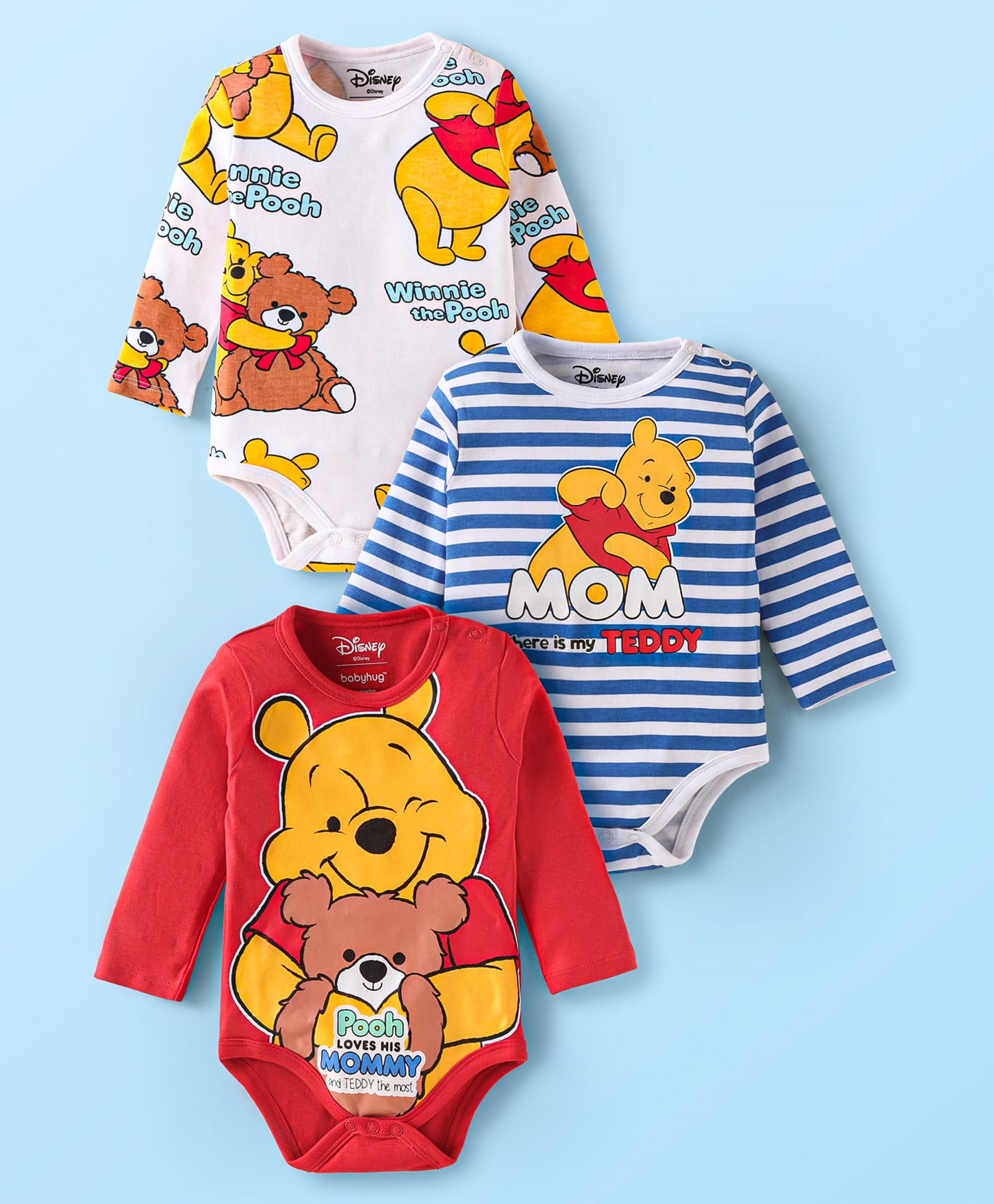 Babyhug Disney Interlock Knit Half Sleeves Winnie The Pooh Printed Onesies Pack of 3 - Red White & Blue-picture-20
