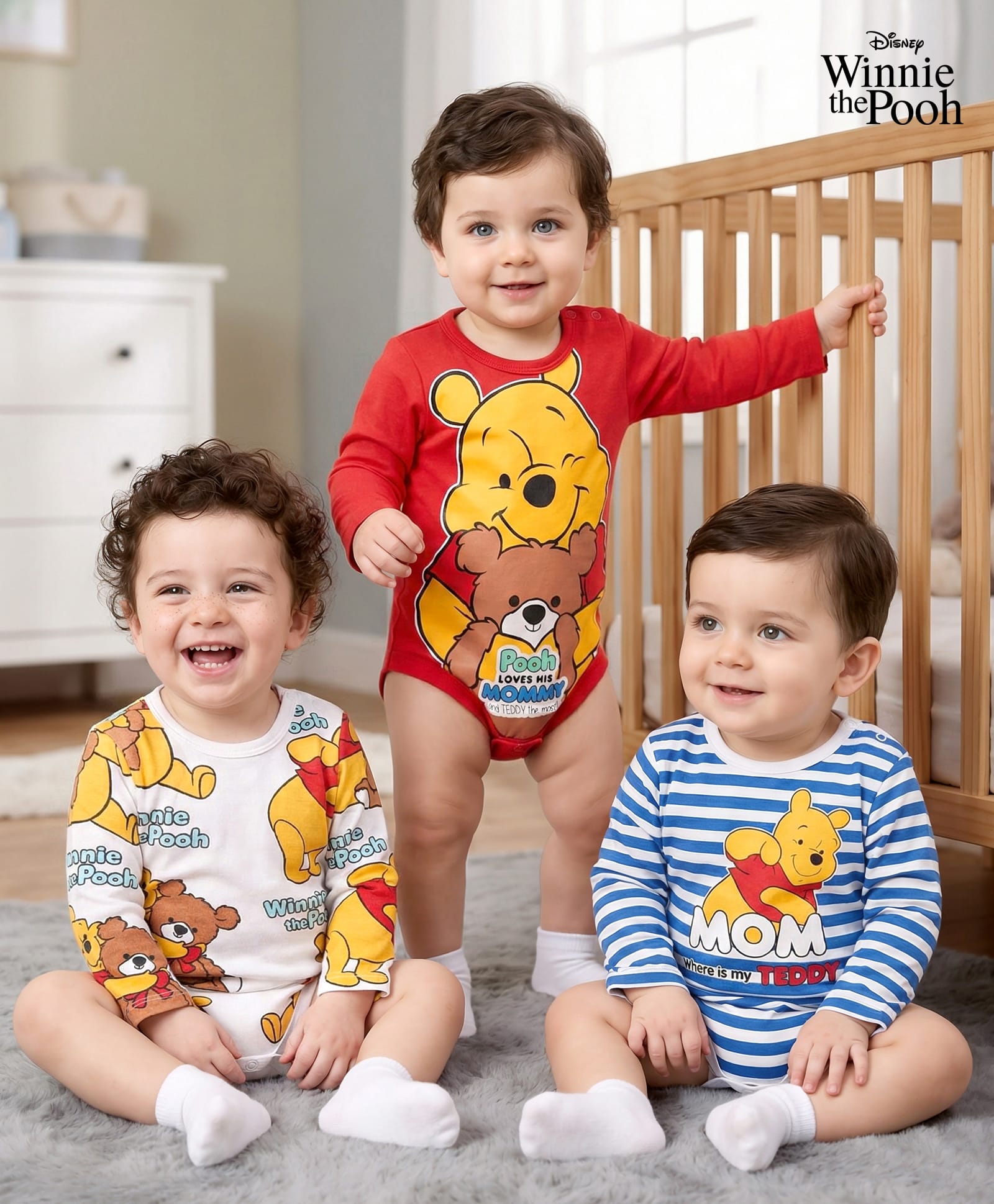 Babyhug Disney Interlock Knit Half Sleeves Winnie The Pooh Printed Onesies Pack of 3 - Red White & Blue