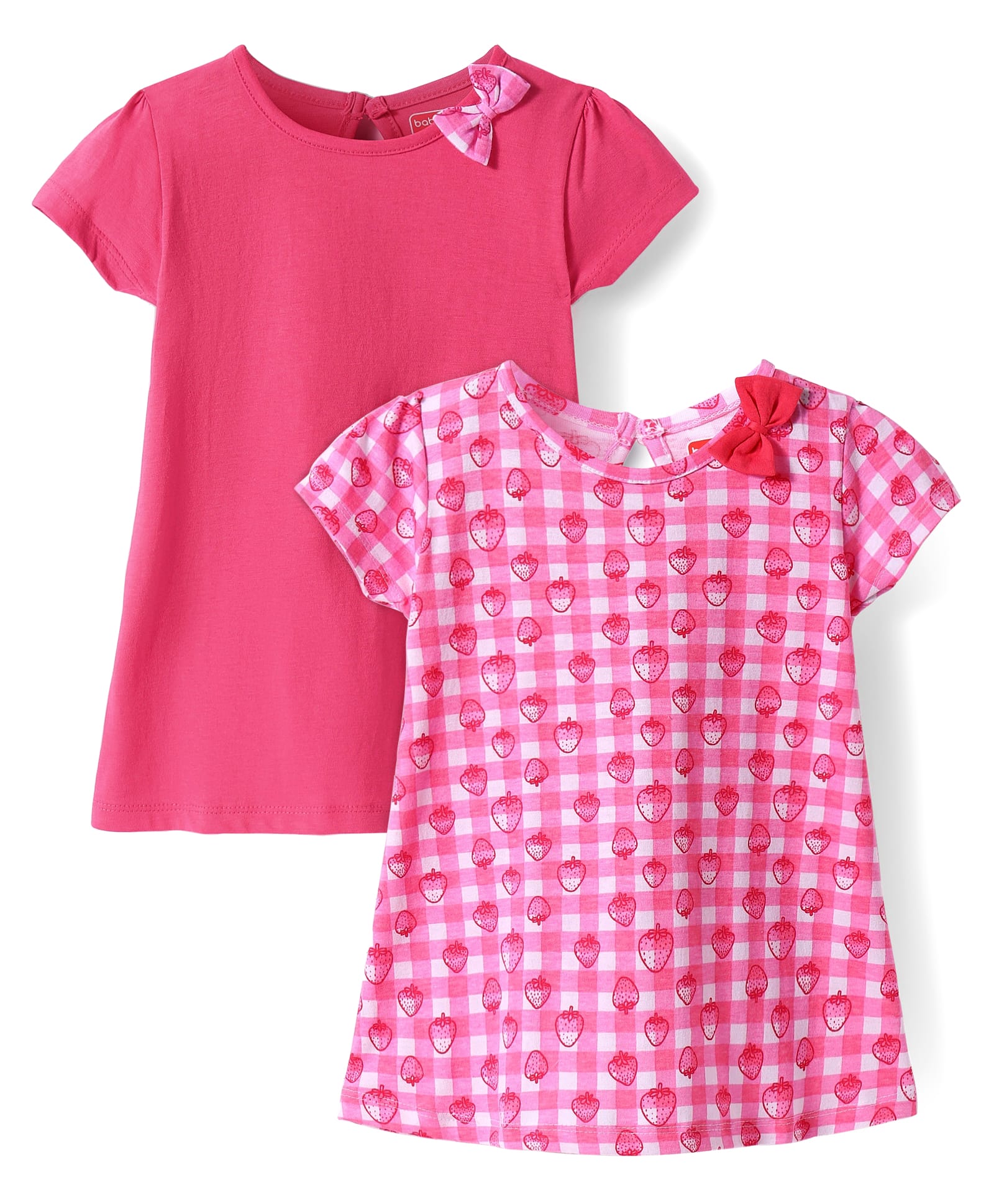 Babyhug Single Jersey Knit Half Sleeves Dresses With Strawberry Print & Bow Applique Pack of 2 - Dark Pink-image-37