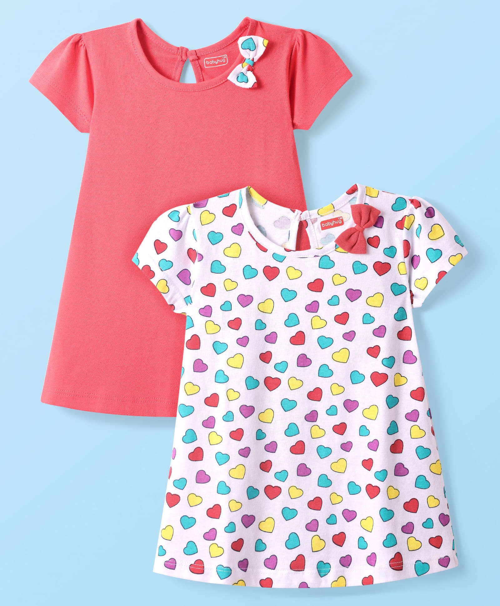 Babyhug Single Jersey Knit Half Sleeves Solid & Heart Printed Dresses With Bow Applique Pack of 2 - White & Dark Pink-image-1