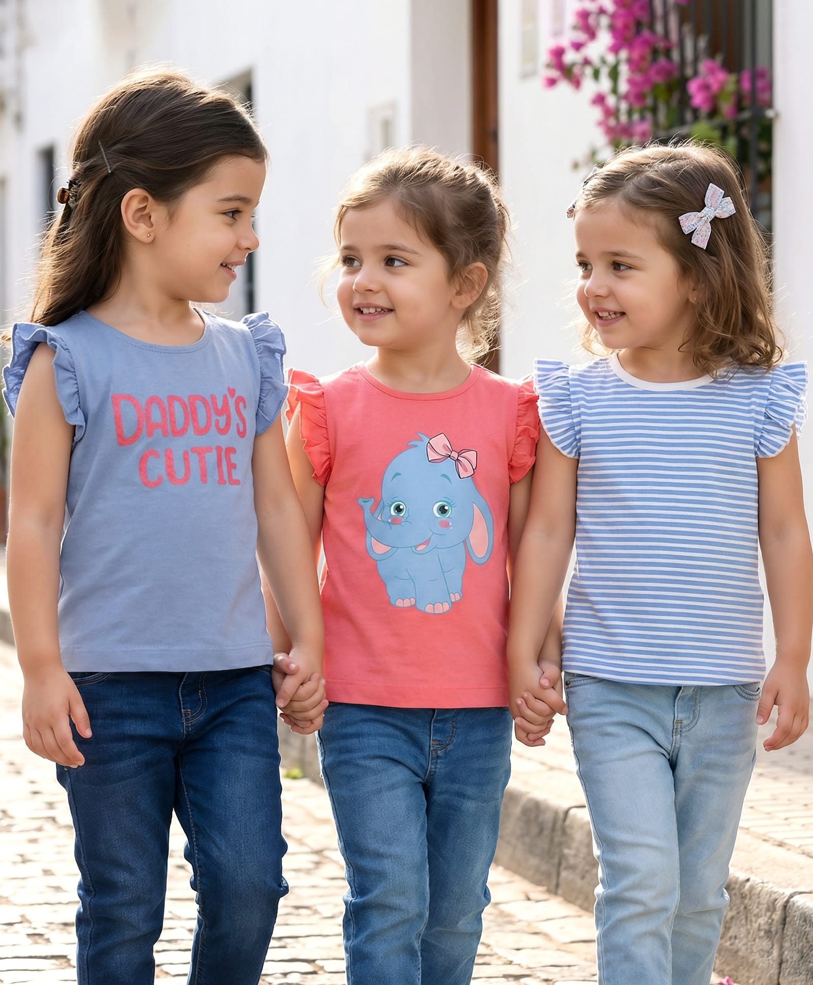 Babyhug Cotton Knit Frill Sleeves T-Shirts with Stripes & Daddy's Cutie Text Print Pack Of 3 - Violet Pink & Blue-image-43