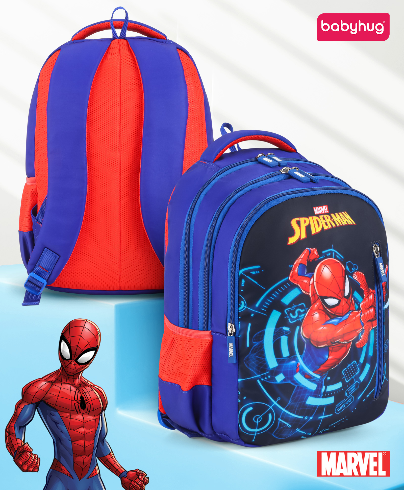 Babyhug Marvel Spiderman School Back Pack 16 Inches| 3 Compartments 1 Pockets| 2 Bottle Pouches| Water Resistant| Padded Adjustable Shoulder Straps| Breathable Mesh Back Panel Blue - Height 16 Inches-image-40