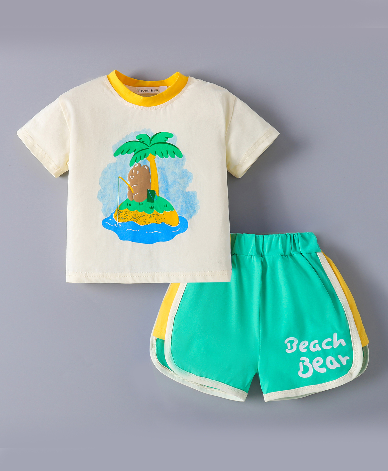 Mark & Mia Cotton Short Sleeves T-Shirts & Shorts with Bear & Beach Bear Text Print - Beige