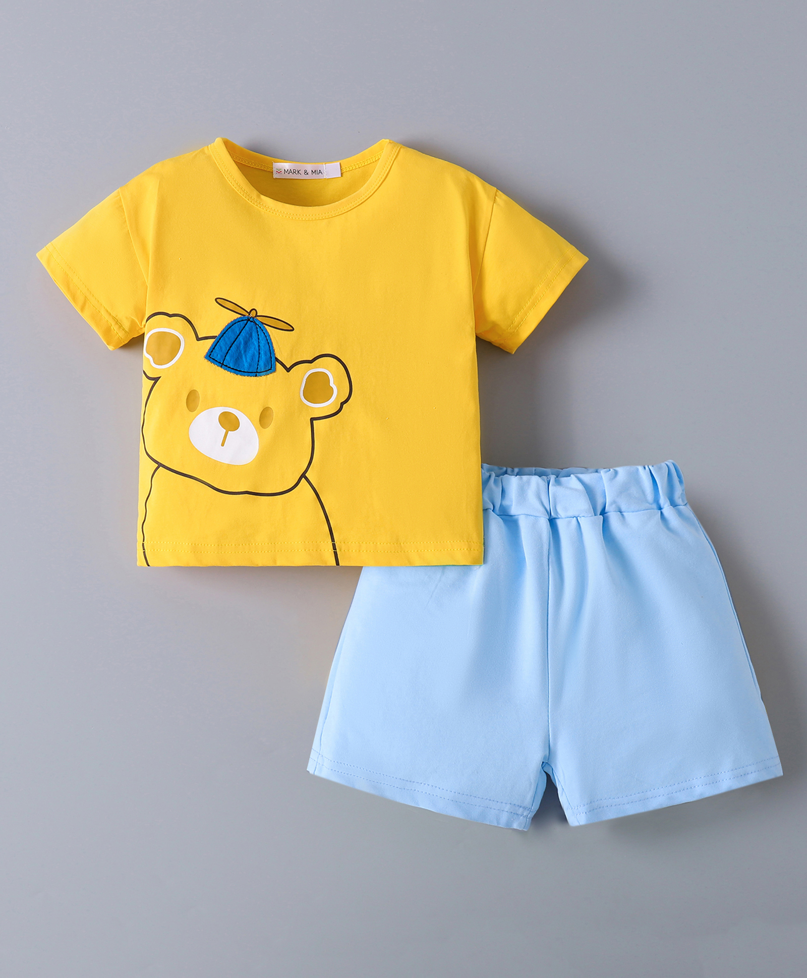 Mark & Mia Cotton Short Sleeves T-Shirts & Shorts with Teddy Print - Yellow & Light Blue-picture-19