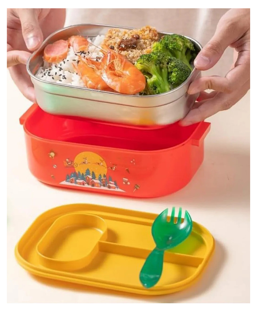 Azhari Stainless Steel Merry Season Lunch Box With Spoon -700 ml -Pack of 1 Color & Print May Vary-image-30