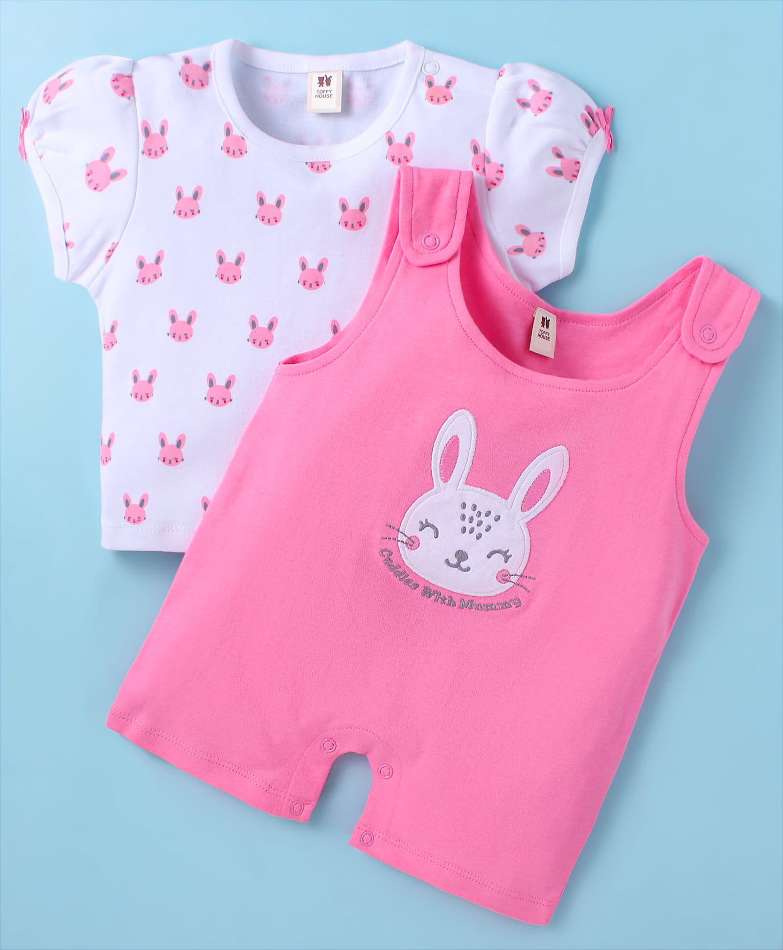 ToffyHouse Cotton Knit Half Sleeves Dungaree Style Romper & T-Shirt with Bunny Print & Patch - Pink & White-image-23