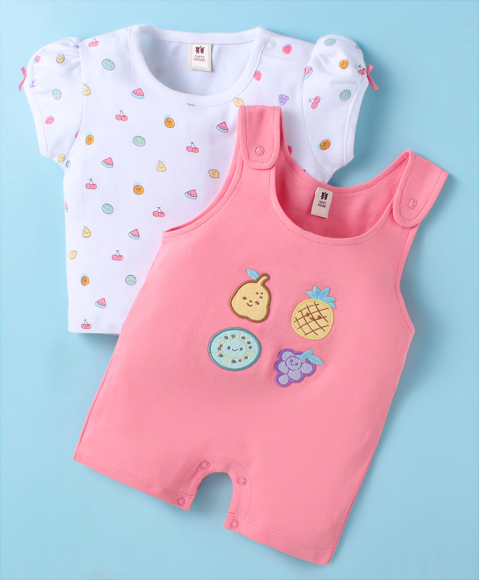 ToffyHouse Cotton Knit Half Sleeves Dungaree Style Romper & T-Shirt with Tropical Print - Pink & White-picture-22