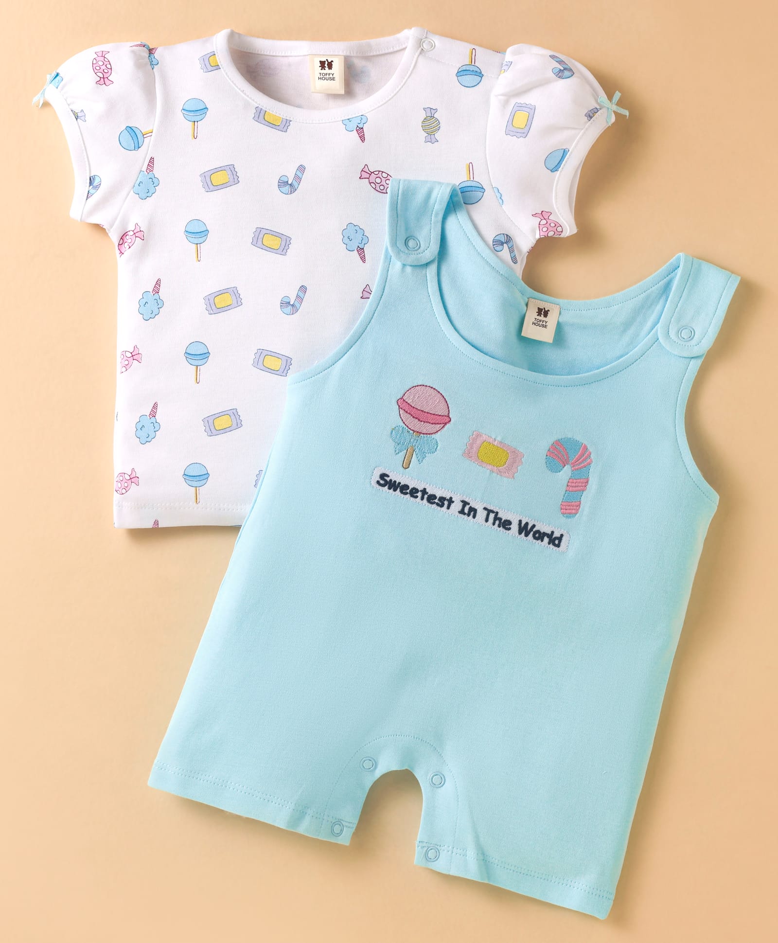 ToffyHouse Cotton Woven Dungaree Style Romper & Half Sleeves T-Shirt With Candy Print & Embroidery - Sea Green-picture-21