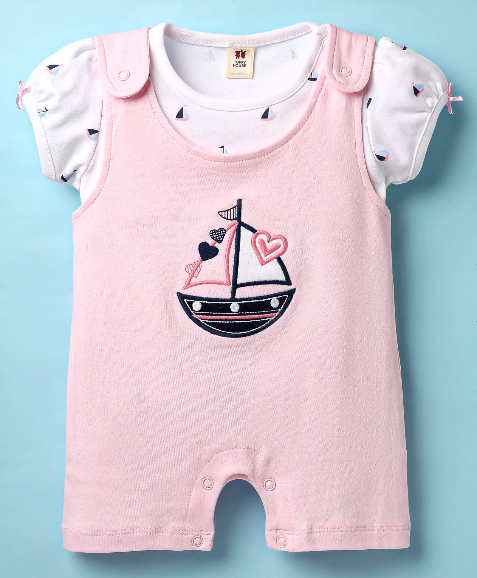 ToffyHouse Knitted Woven Half Sleeves Dungree Style Romper With Boat Print - Pink & White-picture-18