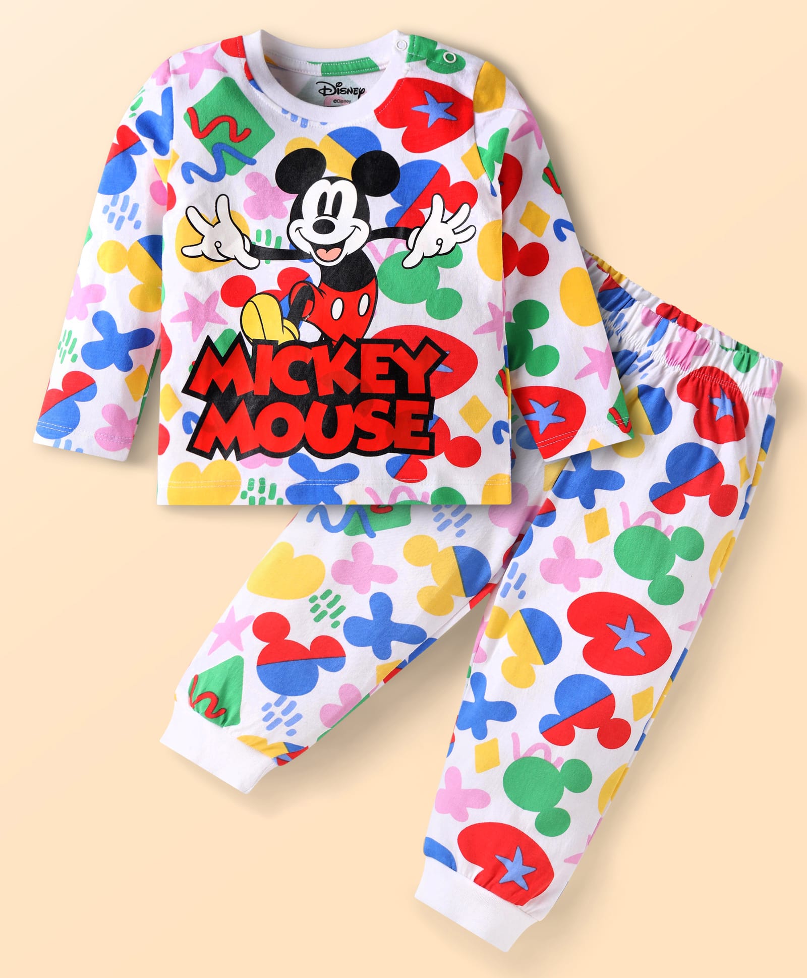 Babyhug Disney Single Jersey Knit Full Sleeves Night Suit With Mickey Mouse Print -White Red-picture-12