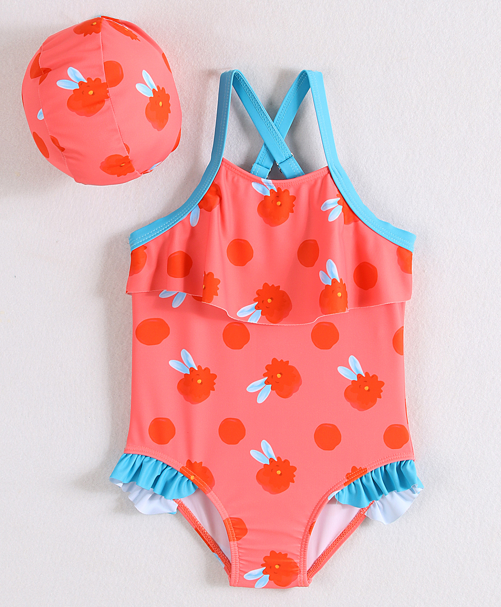 Mark & Mia Sleeveless V Cut Swimsuit with Cap Frill Detailing & Floral Print - Red-image-47