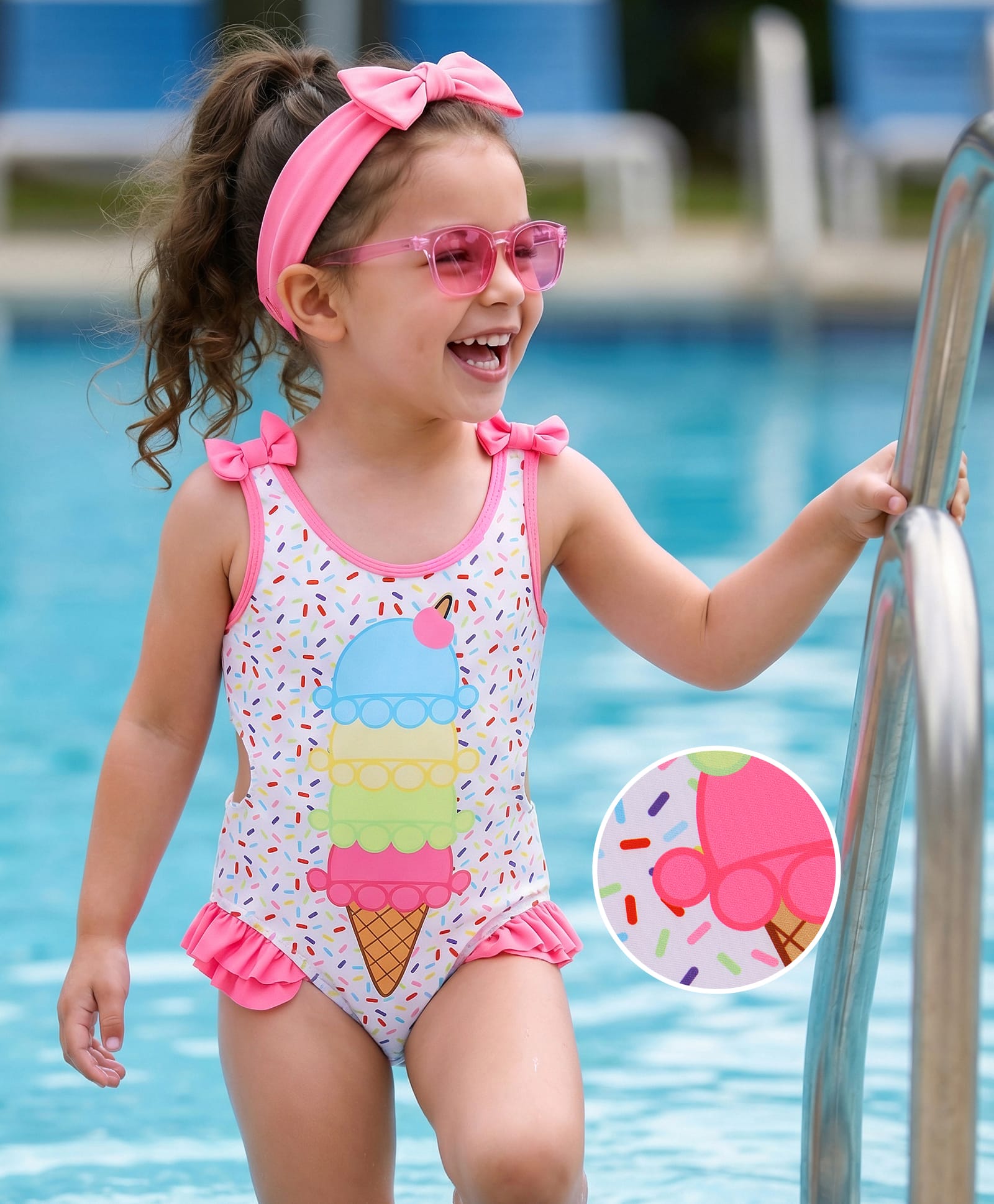 Mark & Mia Sleeveless V Cut Swimsuit& Head Band with Frill Detailing & Ice Cream Print - White-image-49