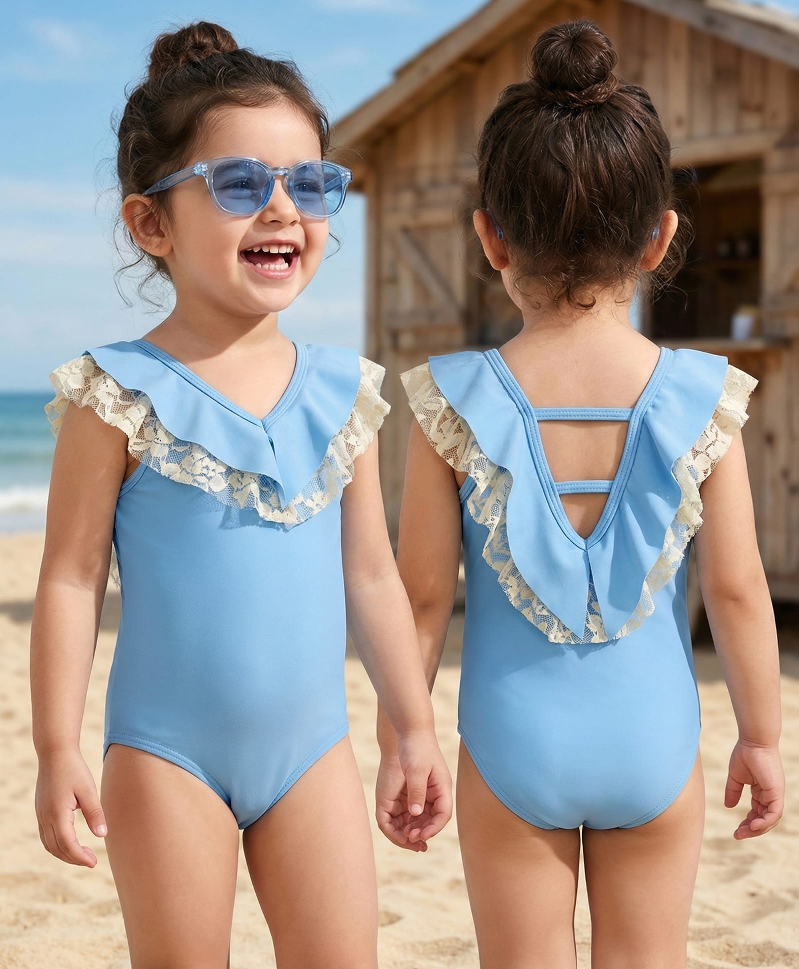 Babyhug Sleeveless V Cut Swimsuit with Frill Detailing - Light Blue-image-49