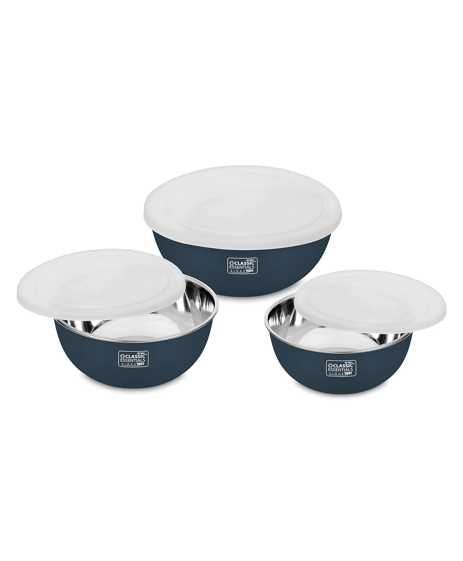 Classic Essentials Stainless Steel Storage Bowl Microwave Safe Mixing (500ml, 750ml,1250ml), (Pack of 3, Dark Blue, White)-image-44