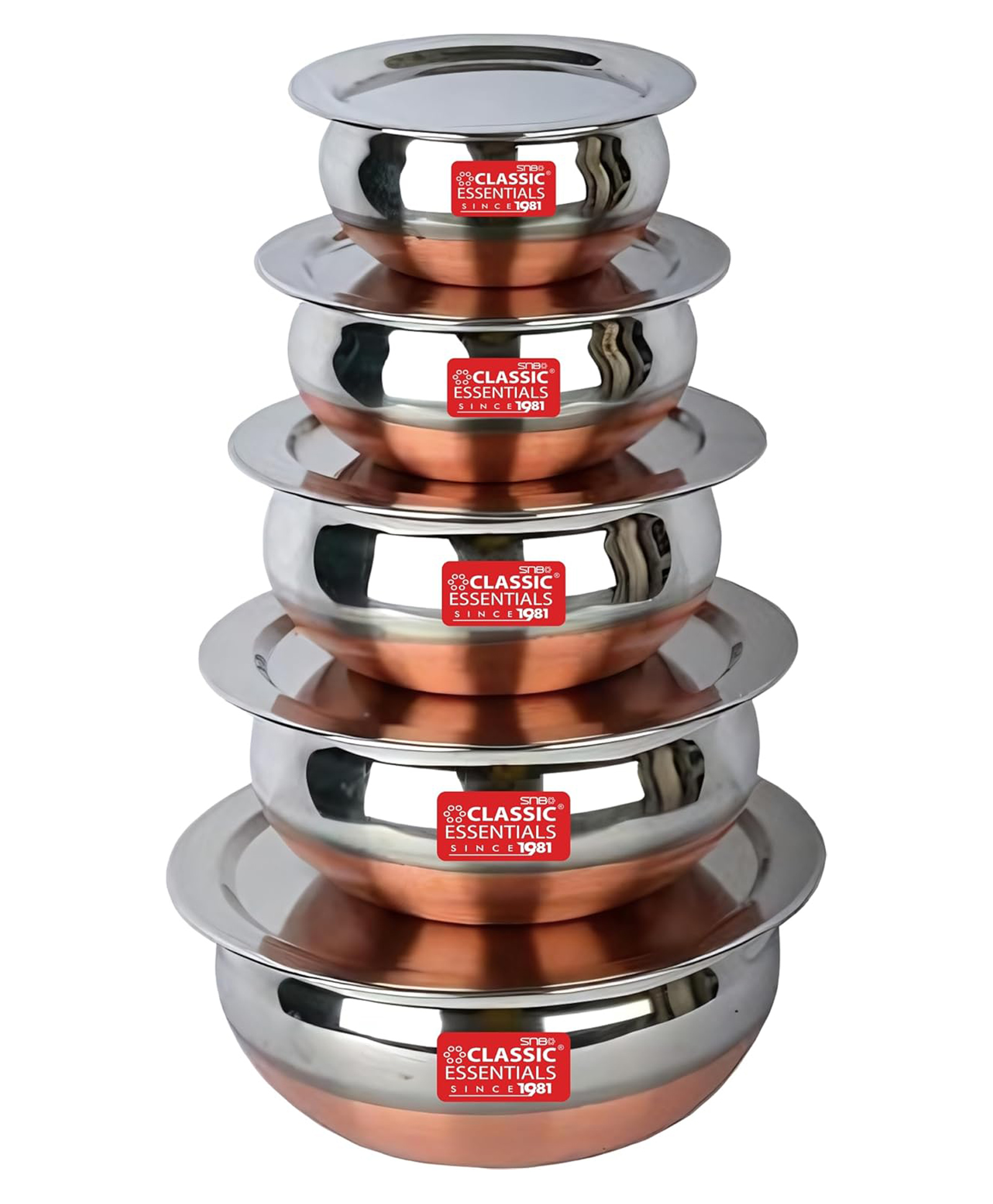 Classic Essentials Stainless Steel Copper Base Handi/Patila/Bhagona/Biryani Cook & Serve Induction Bottom Cookware Set (Stainless Steel, 10 - Piece)