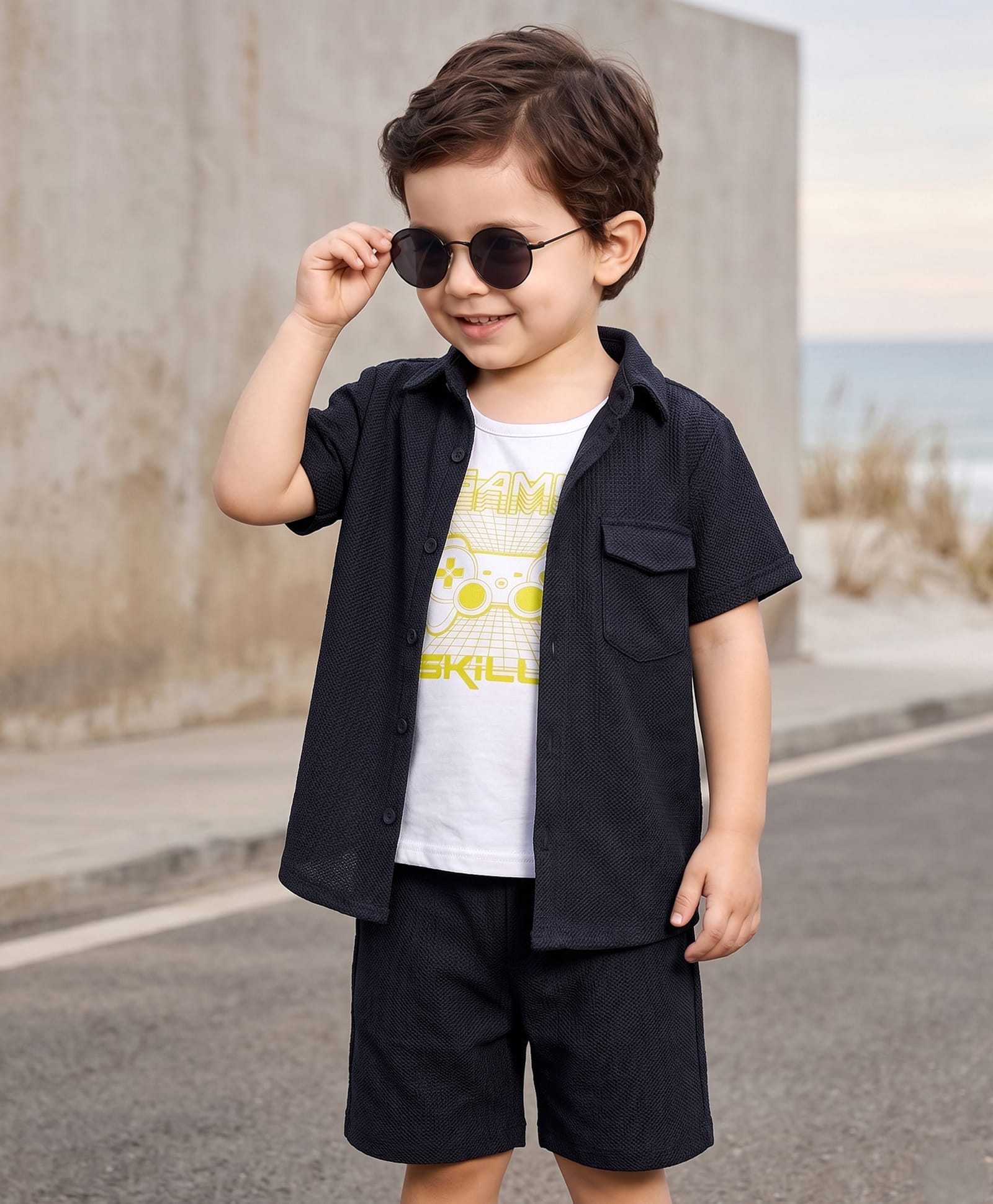 Kookie Kids Cotton Knit Half Sleeves Shirt & Shorts Set With Printed T-Shirt - Navy Blue & White-image-42