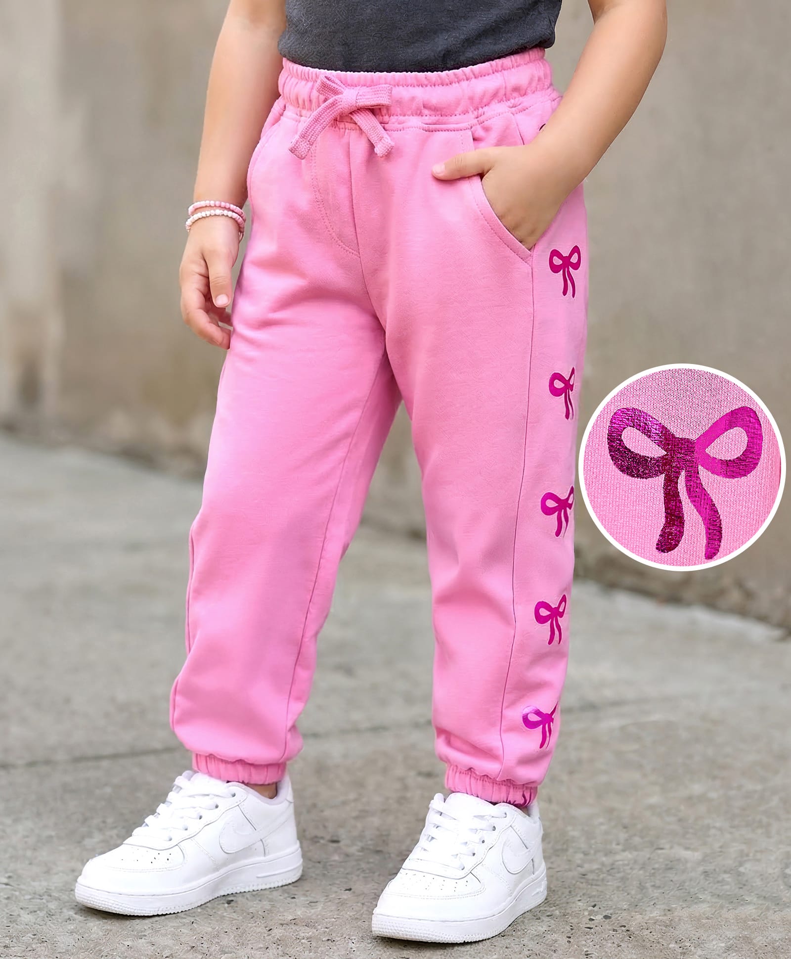 kookie kids india Kookie Kids Cotton Knit Full Length Jogger With Bow Foil Print & Pockets - Pink-picture-17