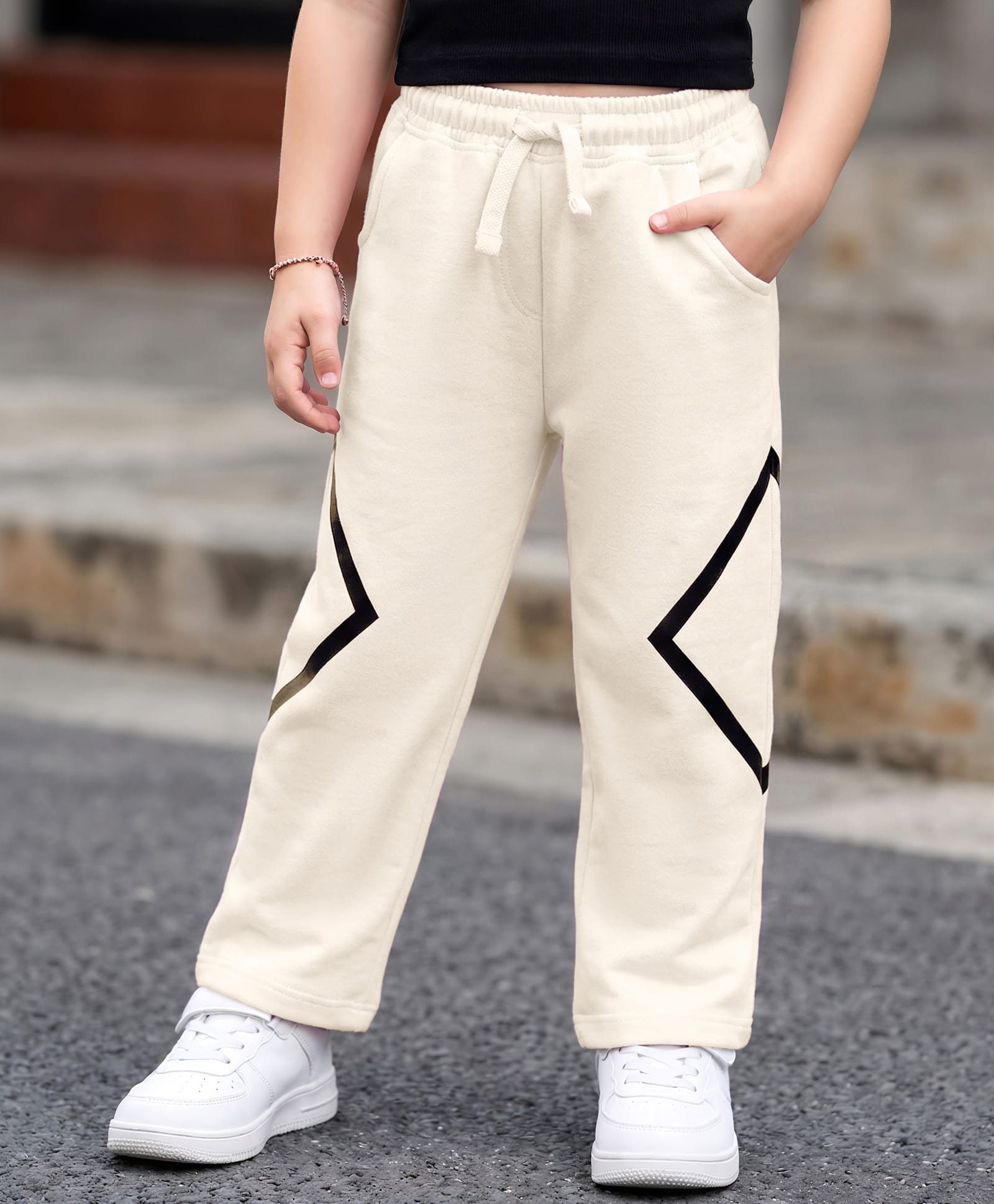 Kookie Kids Cotton Knit Full Length Wide Leg Side Tape Lounge Pant With Pockets - Cream-image-32