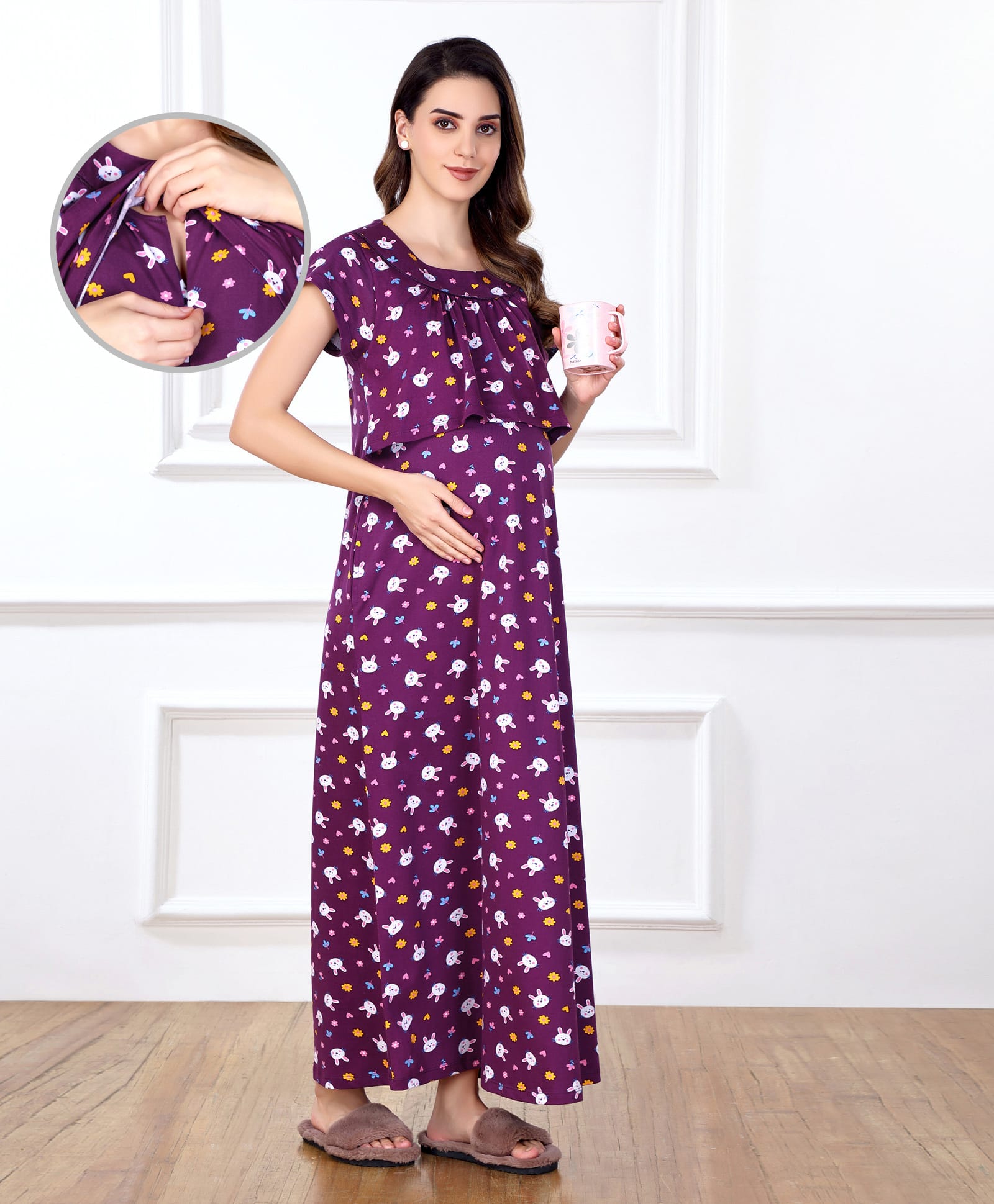 Bella Mama Cotton Knit Half Sleeves Bunny Printed Maternity Nursing Nighty - Purple-picture-32