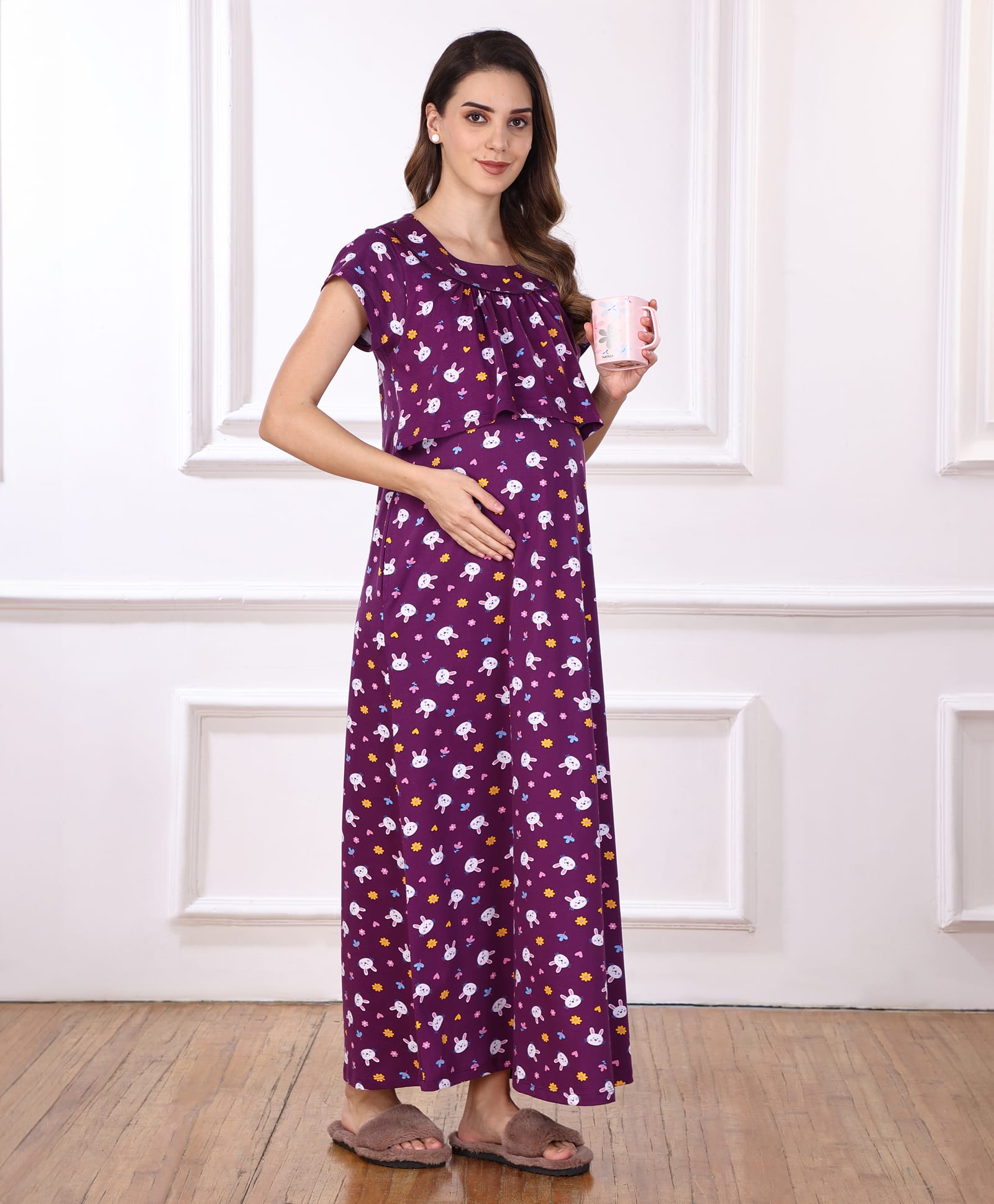 Bella Mama Cotton Knit Half Sleeves Bunny Printed Maternity Nursing Nighty - Purple-picture-48