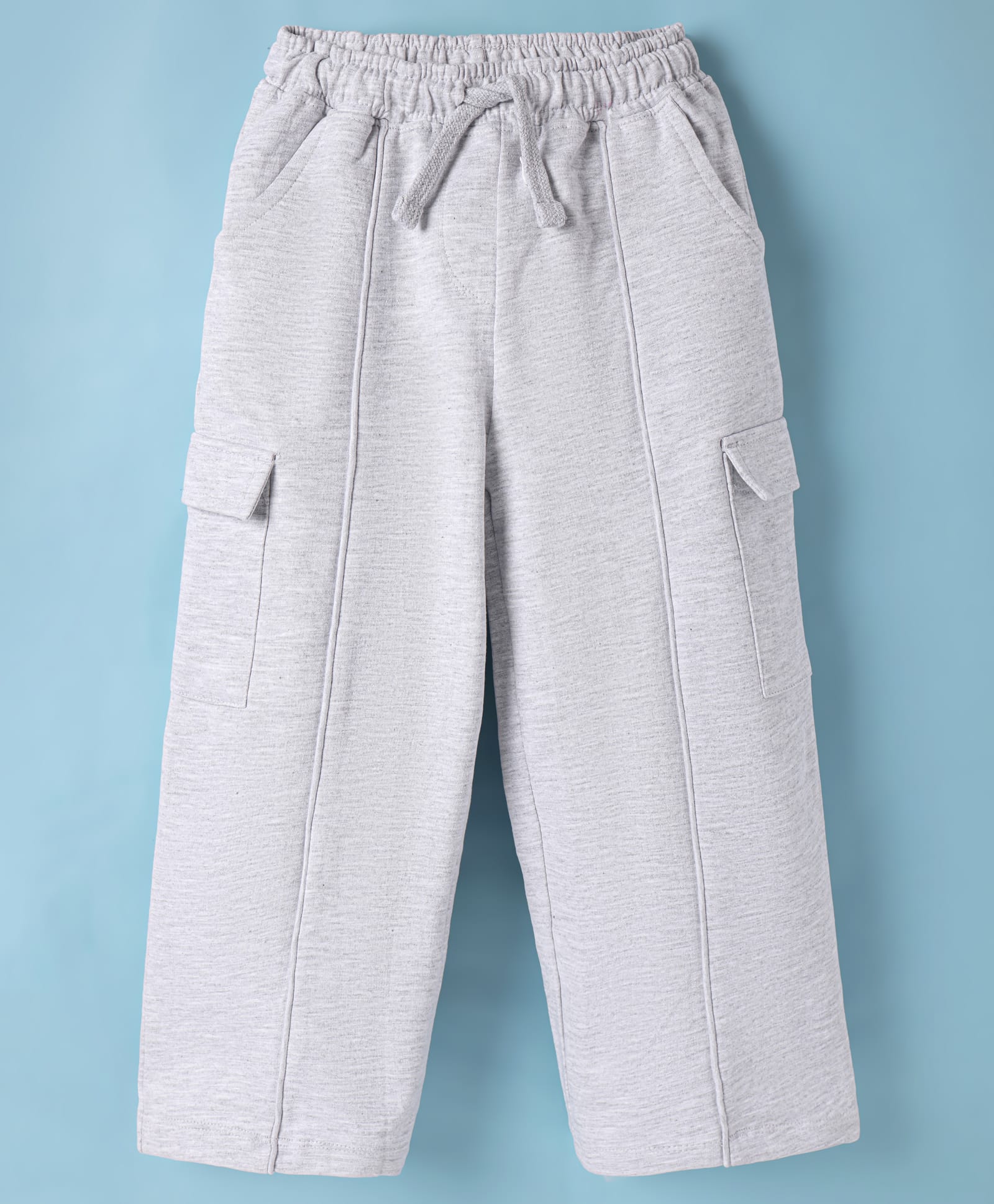 Kookie Kids Cotton Knit Full Length Wide Leg Lounge Pant With Cut & Sew Design & Pockets - Light Grey-image-3