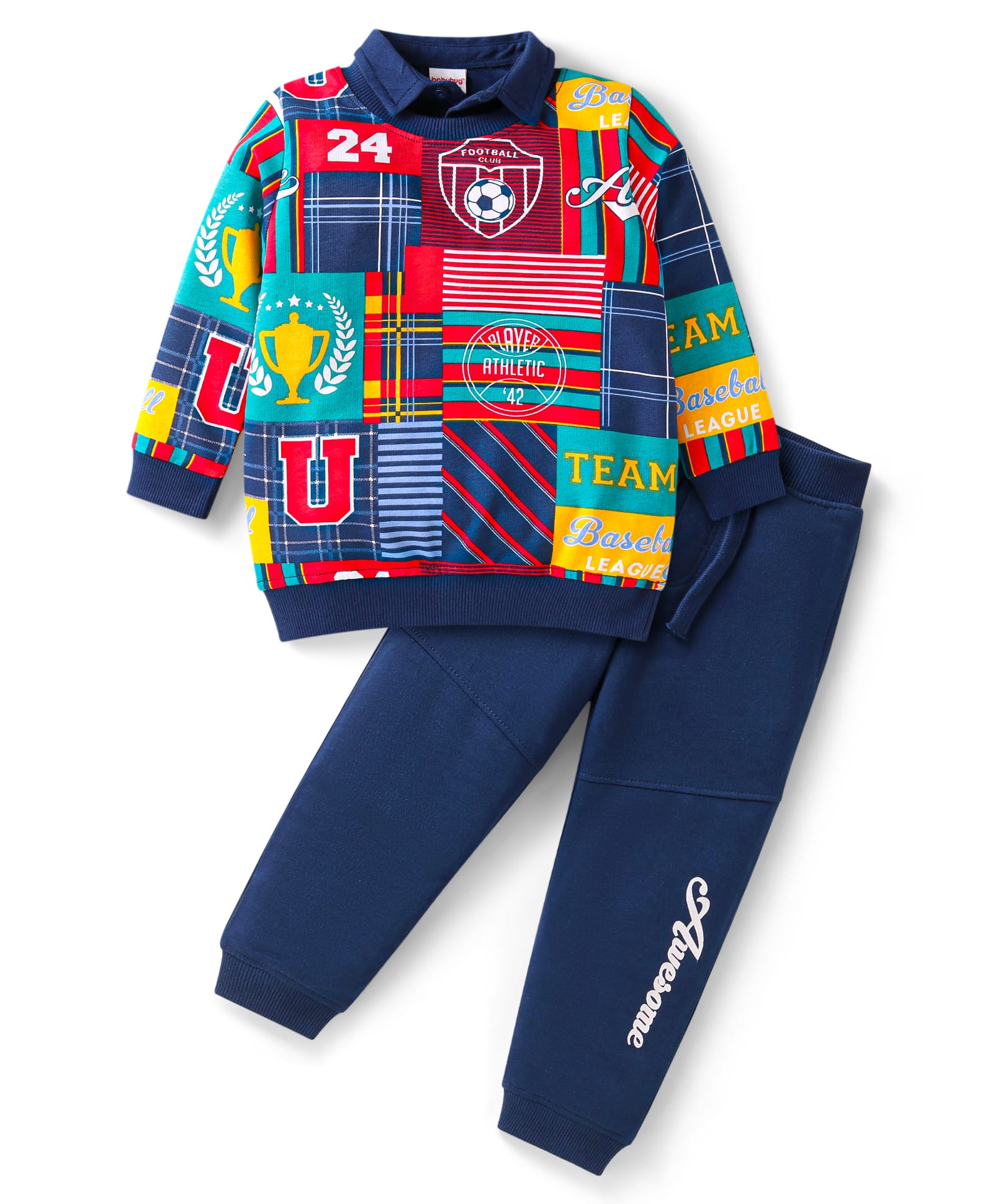 Babyhug Terry Knit Full Sleeves T-Shirt & Lounge Pants Set with Sports Theme Print - Navy Blue-picture-20