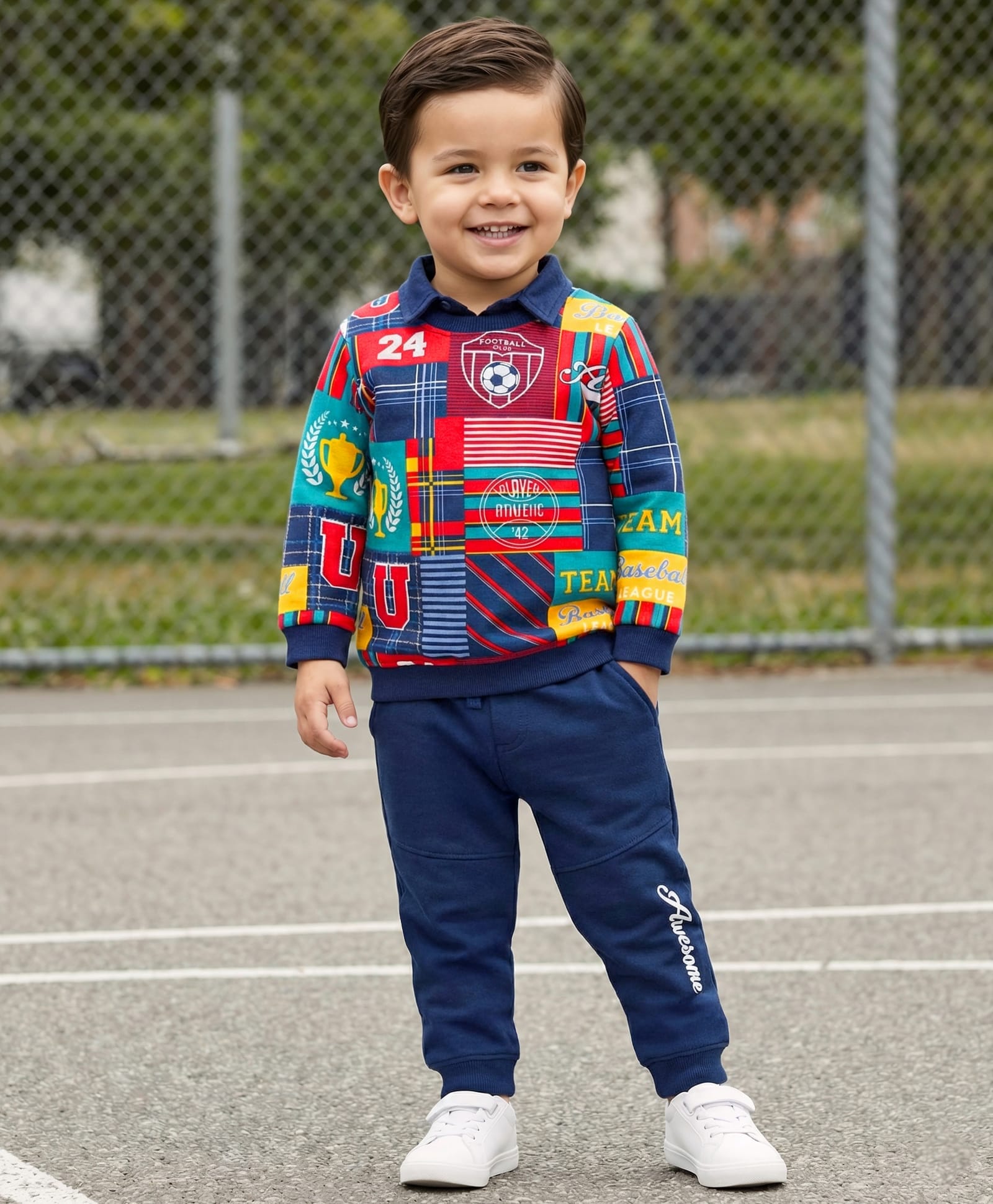 Babyhug Terry Knit Full Sleeves T-Shirt & Lounge Pants Set with Sports Theme Print - Navy Blue-image-37